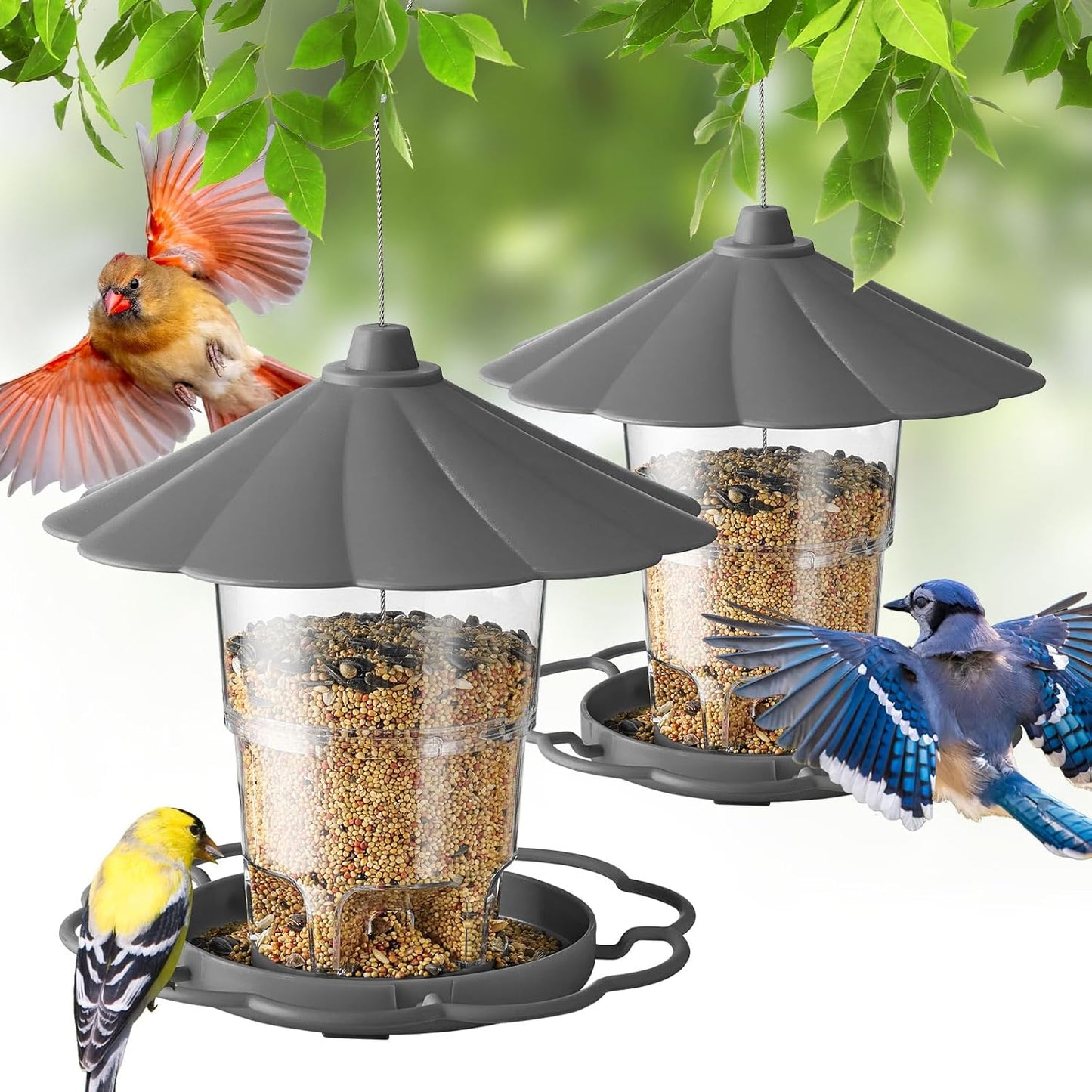 Kingsyard Bird Feeder for Outside Outdoors Hanging, Adjustable Hopper Feeders with Wide Seed Tray and Rainproof Roof, Wild Birds Feeder for Garden Backyard Decoration, 1 Pack, Grey
