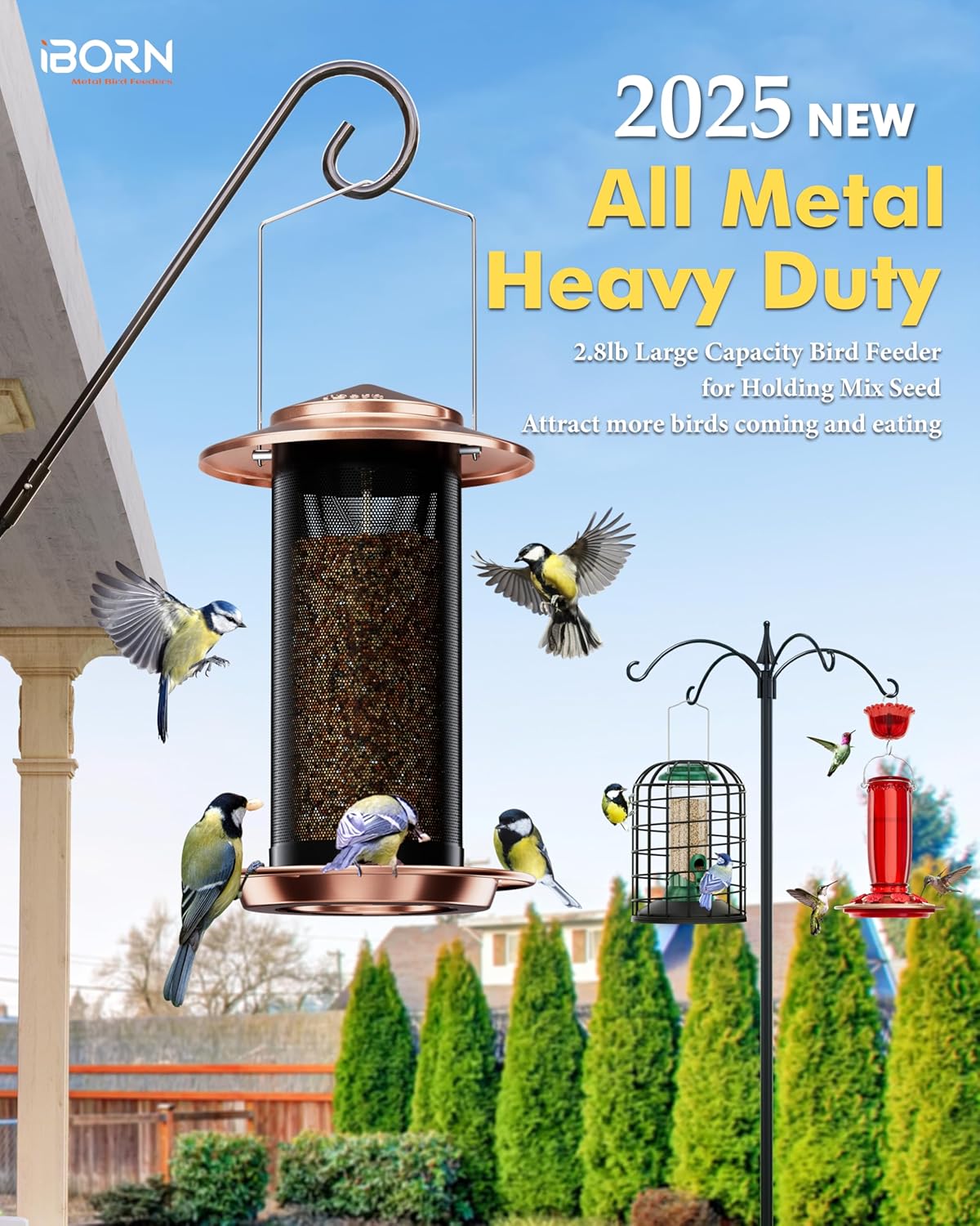iBorn Bird Feeders for Outdoors, All Metal Mesh Tube, Holding Bird See