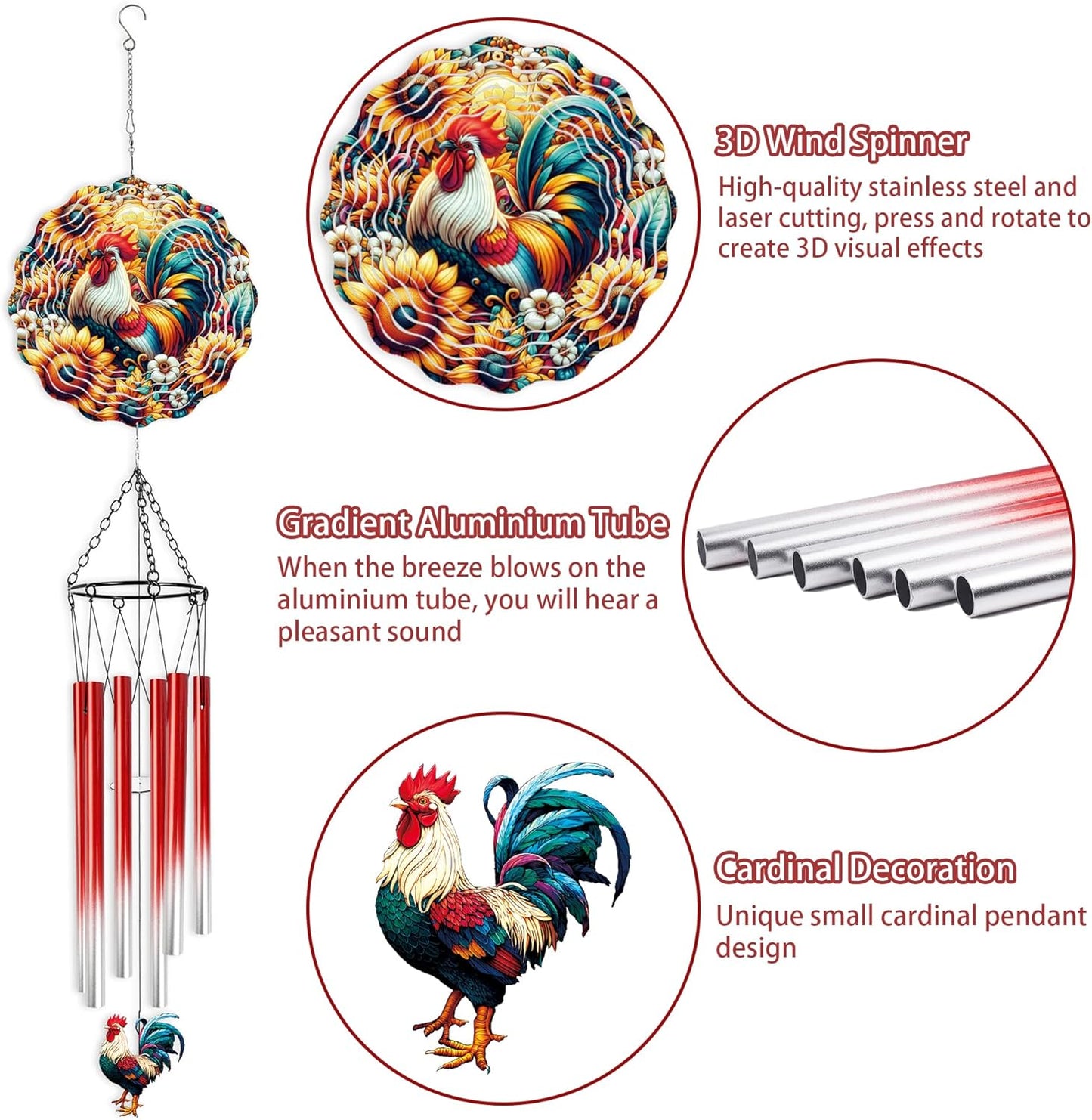 Wind Chimes with Rooster Wind Spinner, Chicken Gifts for Women Mom Fri