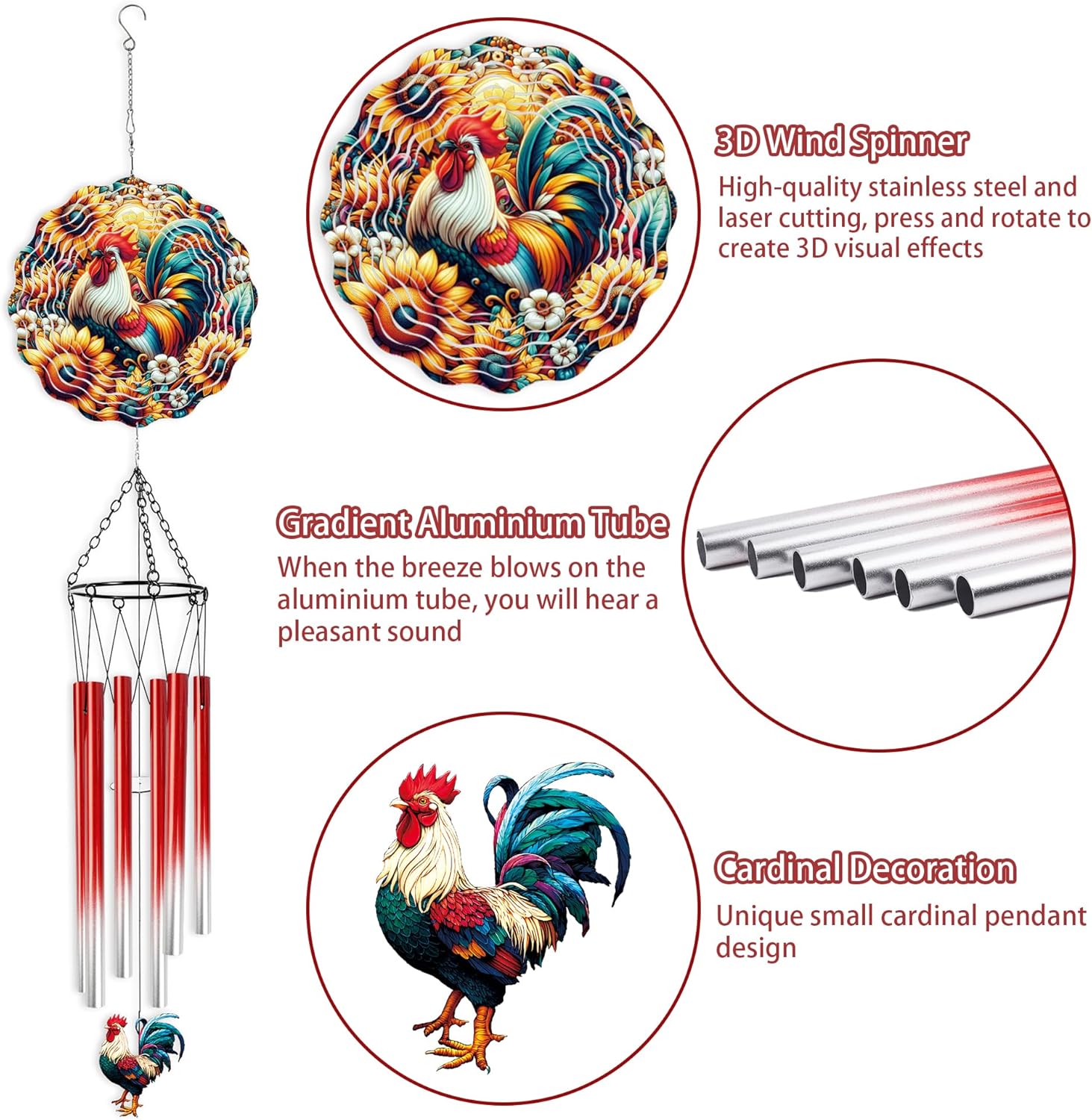 Wind Chimes with Rooster Wind Spinner, Chicken Gifts for Women Mom Fri