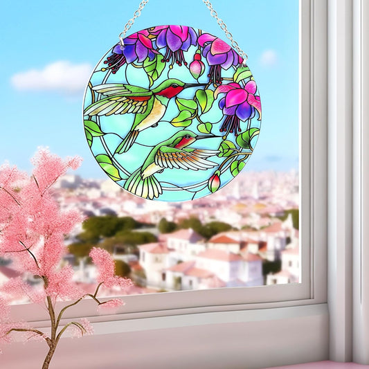Hummingbird Stained Glass Suncatcher, 6-Inch Real Glass Window Hanging with Chain, Hook & Suction Cup, Bird Sun Catcher for Windows, Hummingbird Gifts for Women