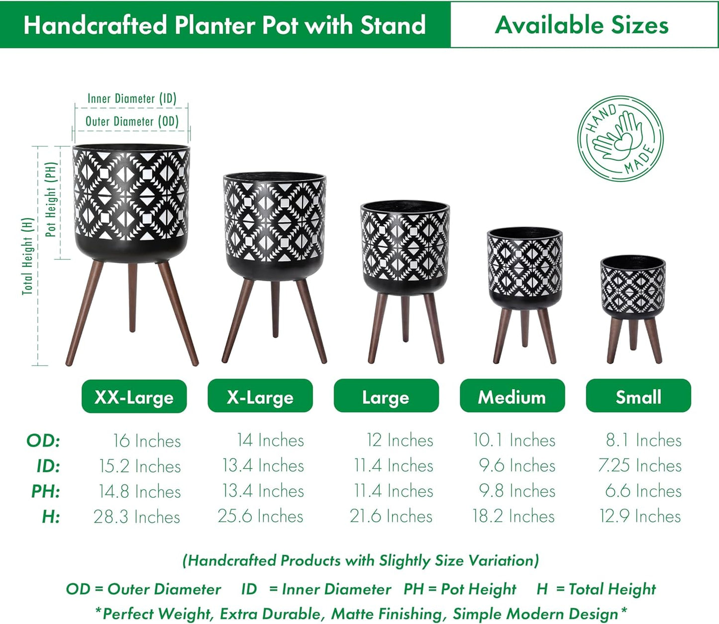 D'vine Dev 14 Inch Planter Pot with Stand, Mid-Century Tall Plant Pot with Legs for Indoor Plants, White/Black, 88-G-D-4