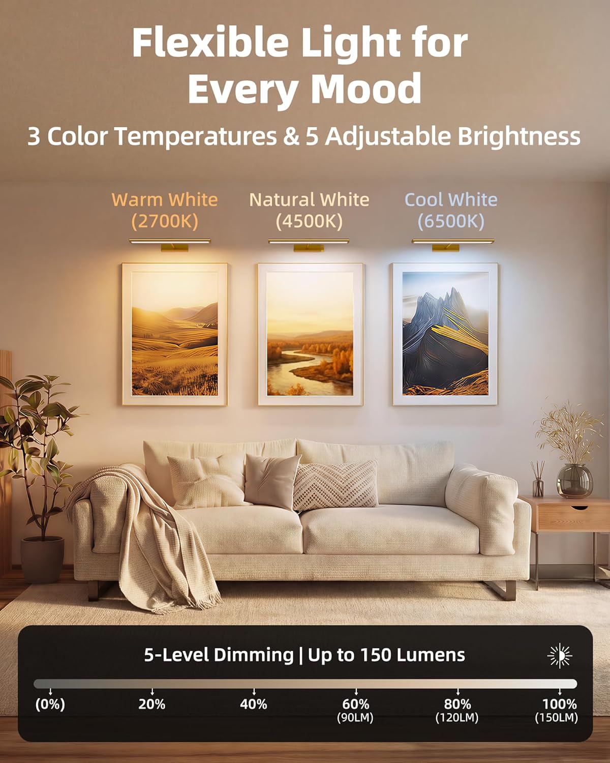 EZVALO Picture Light for Wall, 4800mAh Rechargeable Wireless Lights, 16'' Dimmable with IR Remote Magnetic LED Art Painting Light with 3 Color Temps, Display for Gallery, Living Room, Bedroom(Gold)