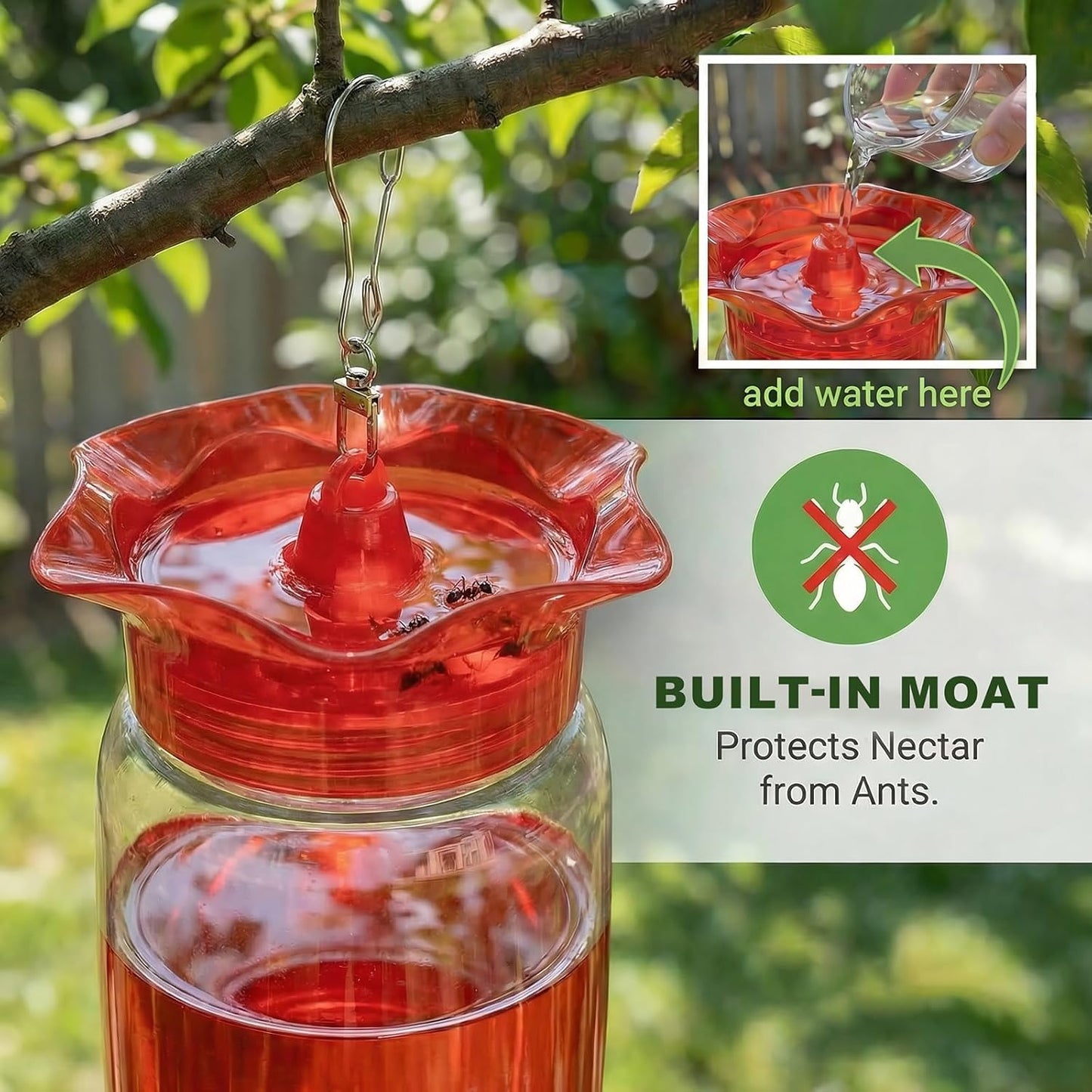 Plastic Hummingbird Feeders for Outdoors 2 Pack - 12oz Clear Bottle with 5 Feeding Ports, Ant Moat, Bee Proof, Leak Proof & Wide Mouth Easy Clean Design for Backyard, Garden & Deck Use