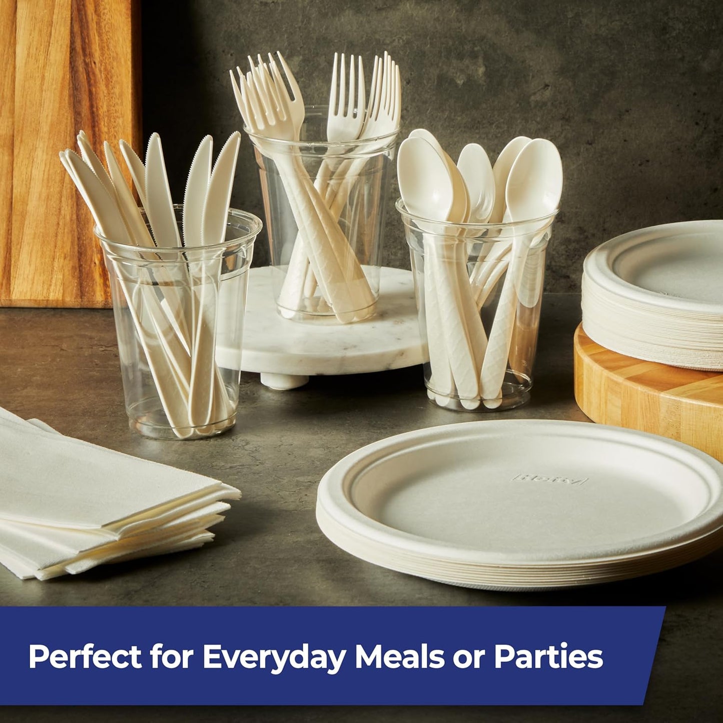 Hefty ECOSAVE Compostable Assorted Cutlery Set, Utensils for BBQs, Tailgates, Camping, Parties, and More, Includes 8 Forks, 8 Spoons, and 8 Knives, Compostable, Sustainable Design, 24 Count