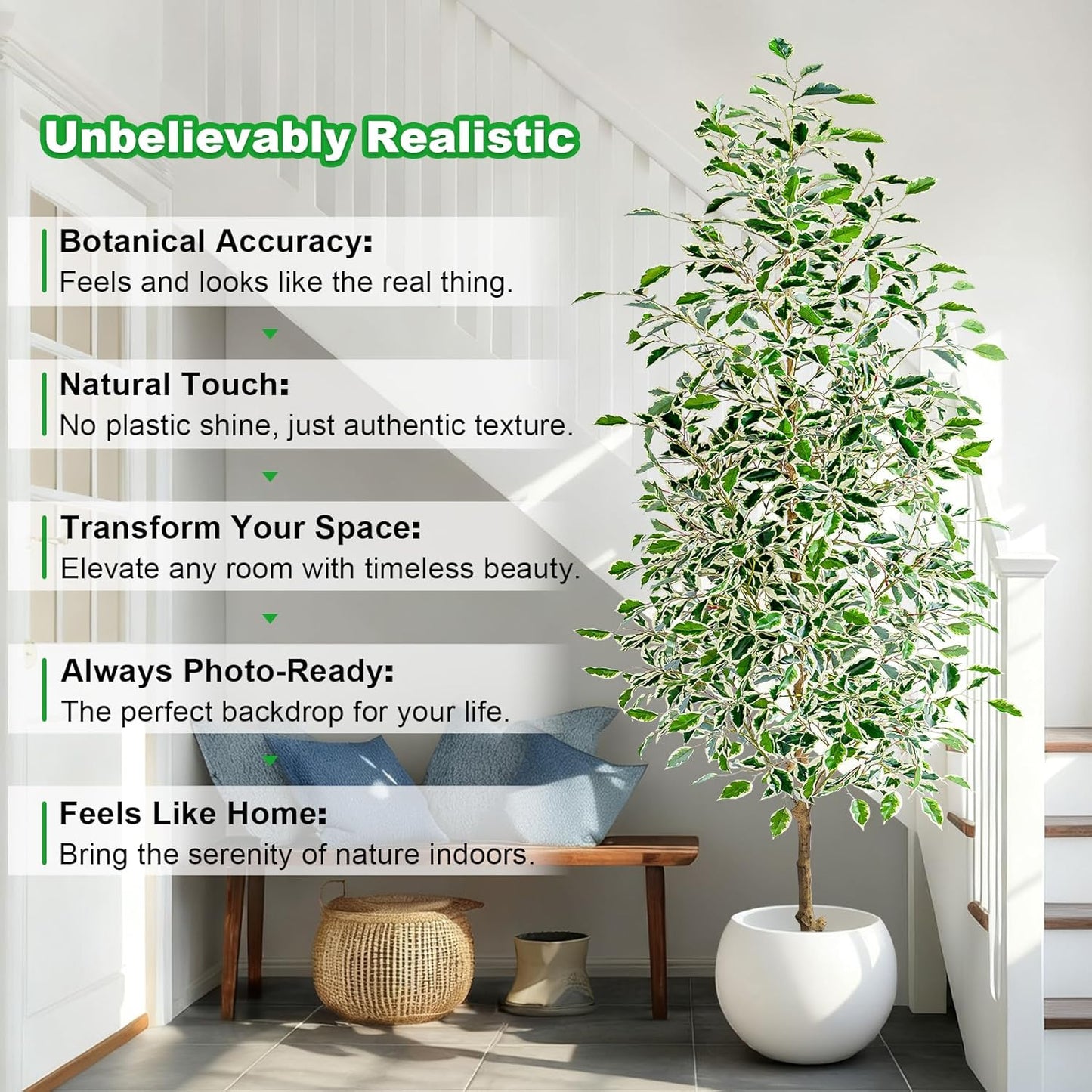 7FT Artificial Ficus Trees Indoor Faux Trees Indoor Fake Floor Plants Tall Artificial Tree with White Pot Faux Tree Fake Indoor Tree Silk Plants Artificial Trees for Home Decor Indoor