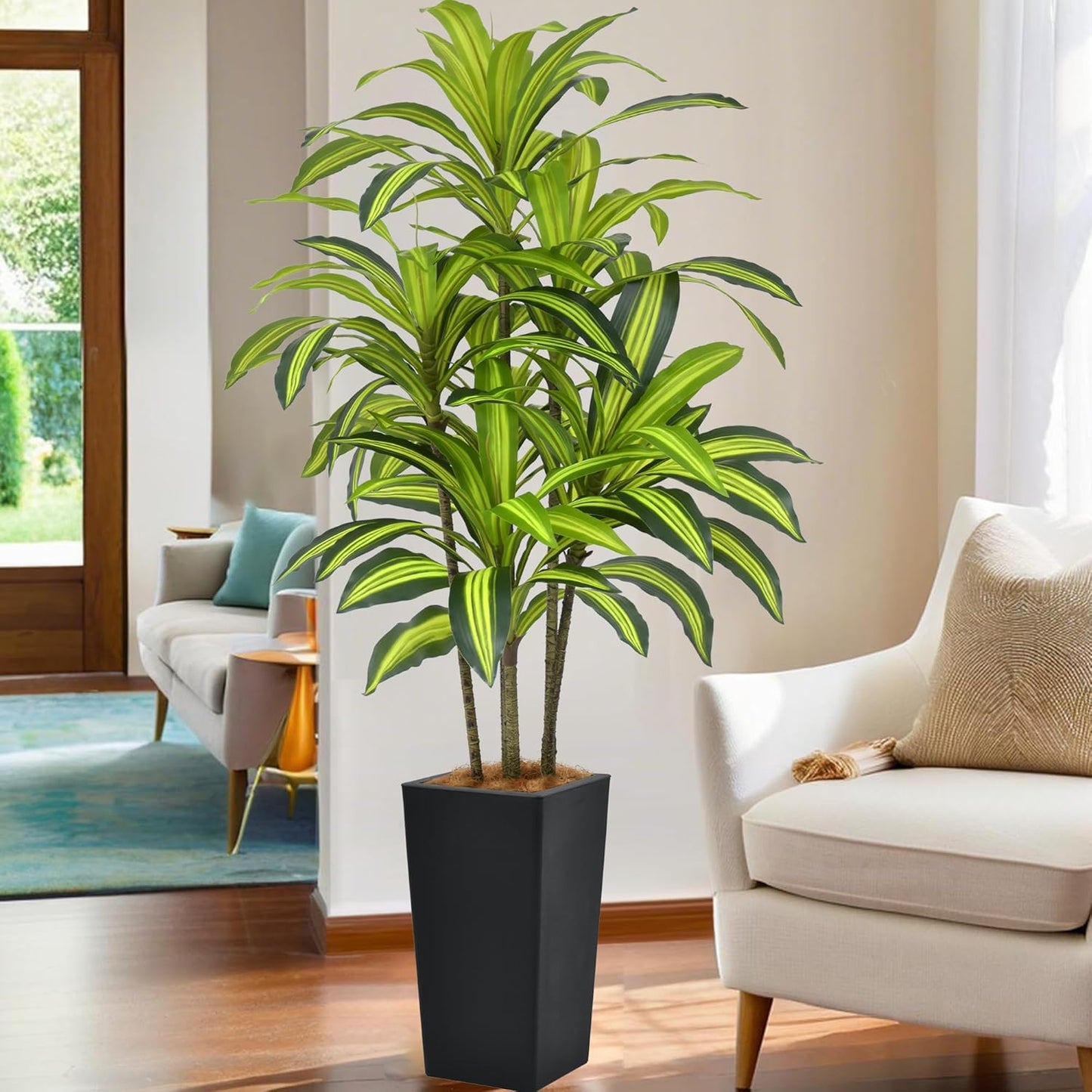 Artificial Dracaena Tree 5FT(60in) Tall Fake Silk Yucca Tree with Black Planter, Faux Floor Potted Artificial Plants for Home Office Living Room Indoor Decor (5feet,Tall Pot)