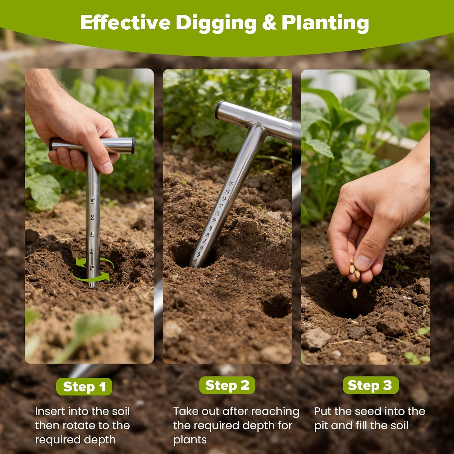 Dibbler Gardening Tool Stainless Steel, Hand Dibber Seed Planter Tool,