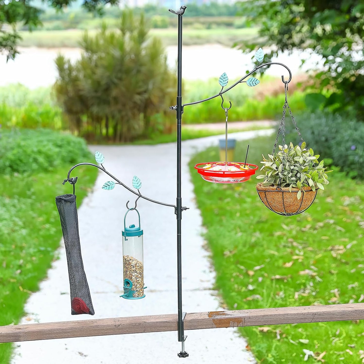 Deck Bird Feeder Hook, Multi-Hook Bird Feeder Hooks for Deck Railing, Clamp on Metal Bird Feeders Balcony Hanging Kit with 2 Adjustable Branches, Porch Planter Hanger for Attracting Wild Birds