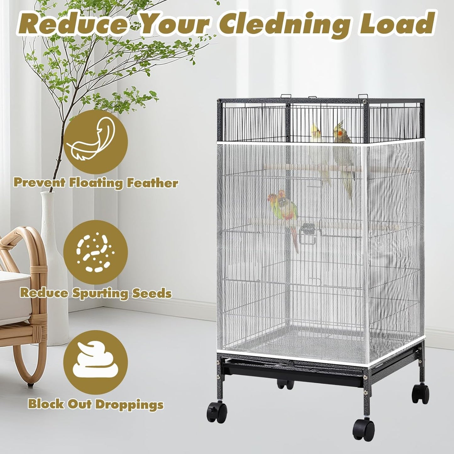 White Bird Cage Seed Catcher Adjustable Soft Birdcage Cover Reusable Nylon Mesh Birdcage Net Lightweight Skirt Seed Guard for Parrot Cage Stop Scatter Breathable Round Square Canary
