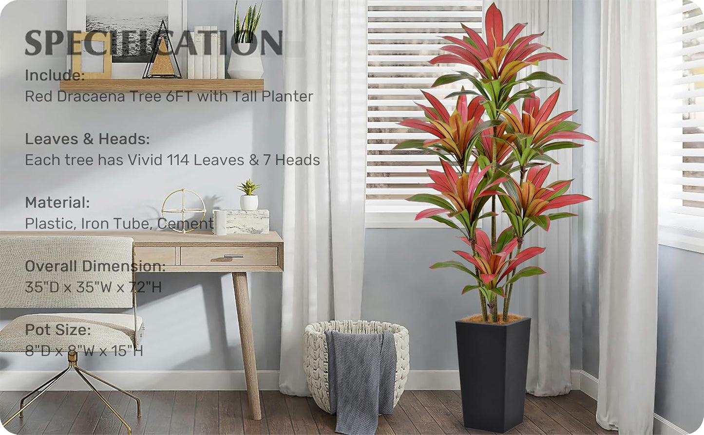Artificial Red Dracaena Tree 6FT with 114 Leaves & 7 Heads & Black Tall Planter Cover with Coconut Fiber Tall Faux Tropical Silk Bicolor Plant 72 Inch for Indoor Home Office Porch Mall Decor
