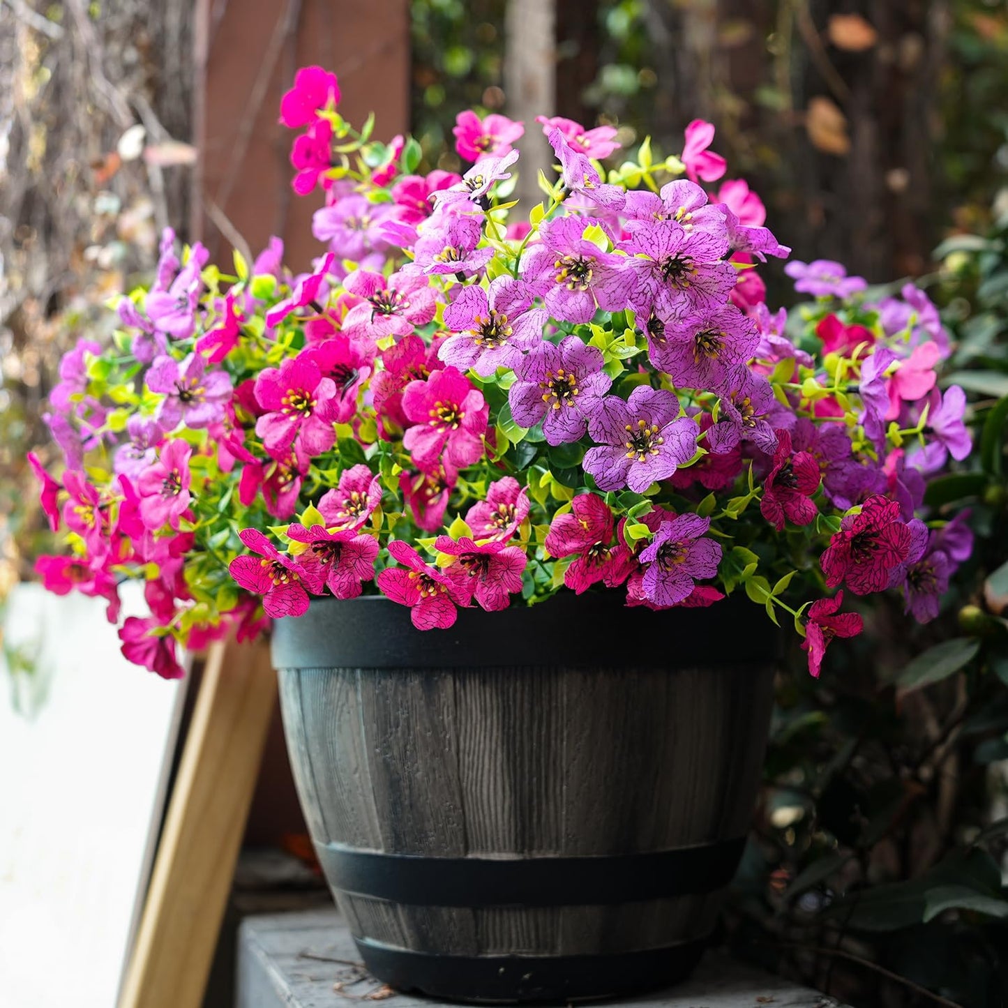 Artificial Faux Outdoor Indoor Plants Flowers for Spring Summer Decoration, 12 Bundles Fake Silk Daisy Eucalyptus Realistic UV Resistant for Outside Planter Pot Window Porch .（Purple and pink）