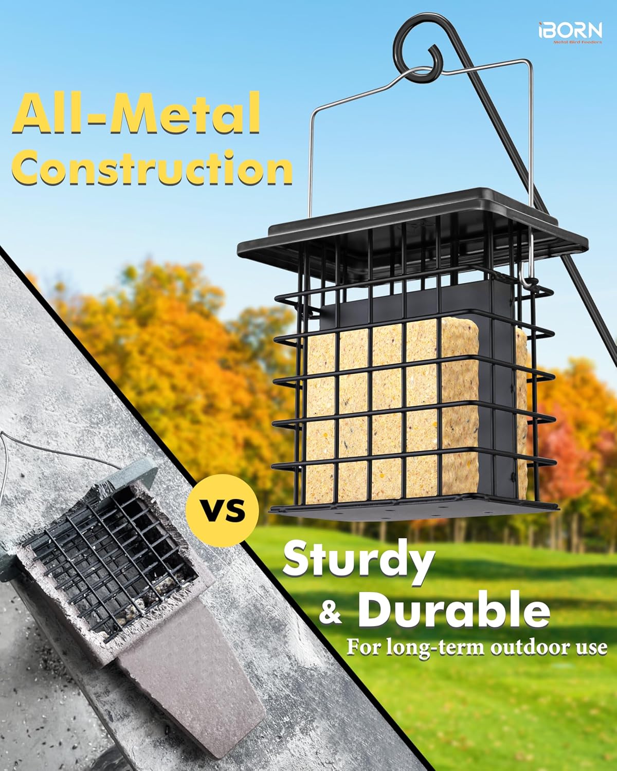 iBorn Double Suet Feeder for Outside Hanging,Weatherproof Suet Feeders,Suet Holder with Taller Grid for Woodpecker, Suet Cage Bird Feeders for Outdoors,Easy to Clean & Refill,All Metal,Black