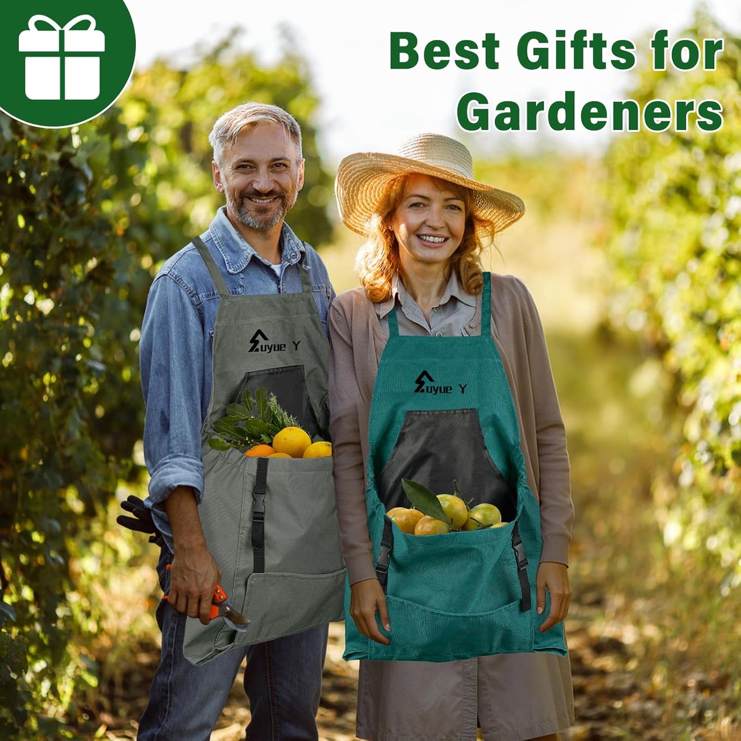 Garden Apron, Gardening Apron with Pockets for Women Men, Canvas Cross Back Harvest Aprons with & Internal Drawstring Bag