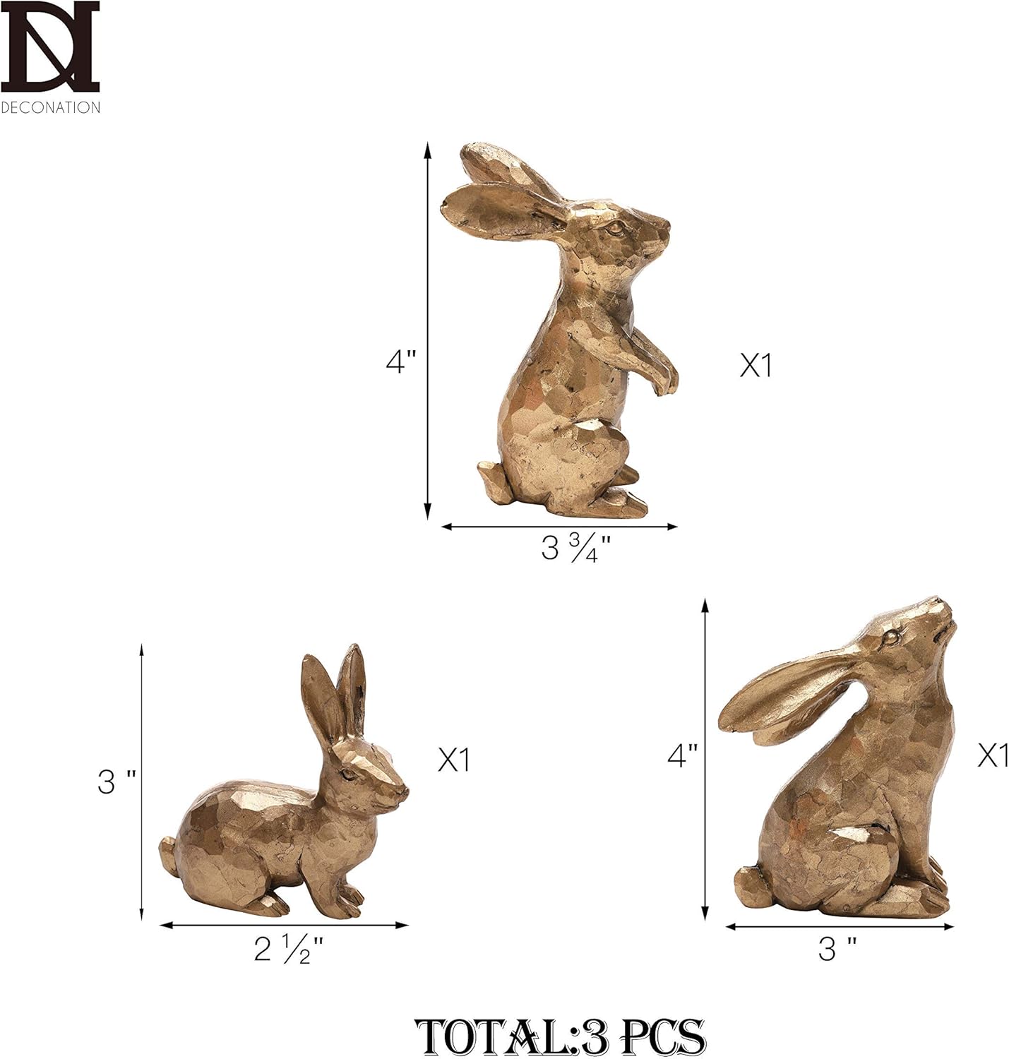 DN DECONATION Golden Polyresin Bunny Decor Rabbit Figurines, Easter Bunny Statue Set of 3 for Spring Tabletop Decor