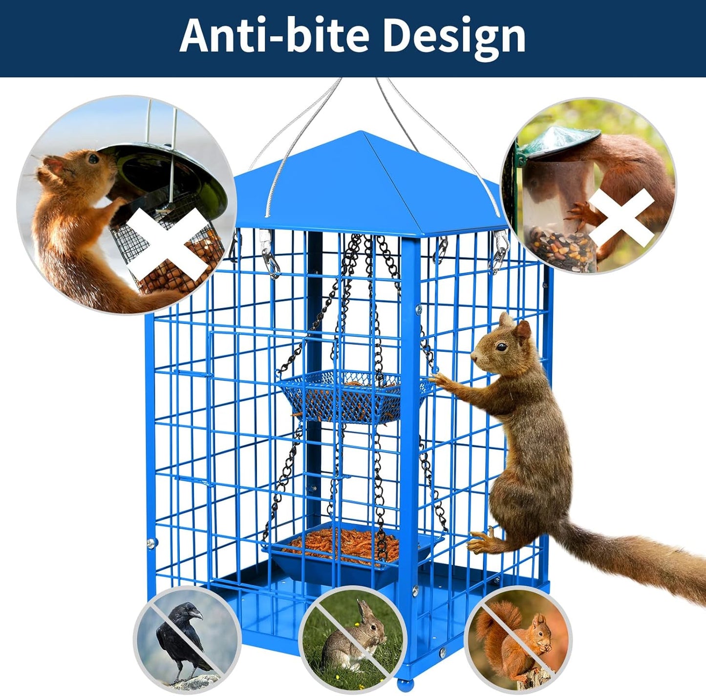 Bluebird Feeders Squirrel-Proof, 7 lbs, Large Heavy Metal Caged Mealworms Blue Bird Feeders for Outside, Weatherproof Wild Bird Feeder,2 Layer Seed Cups(Blue)