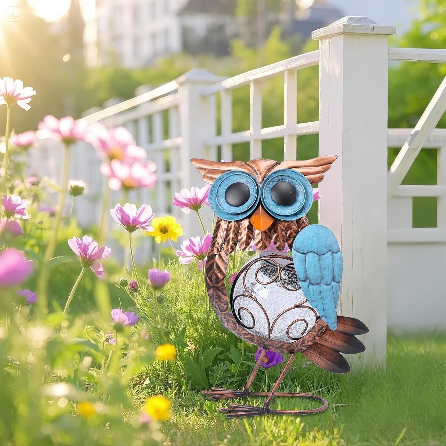 MUMTOP Solar Lights Outdoor Garden Owl Decor, Owl Solar Light Outdoor Waterproof with Crackle Glass Globe Gardening Statue Gifts and Metal Yard Art for Lawn Porch Patio Outside Garden