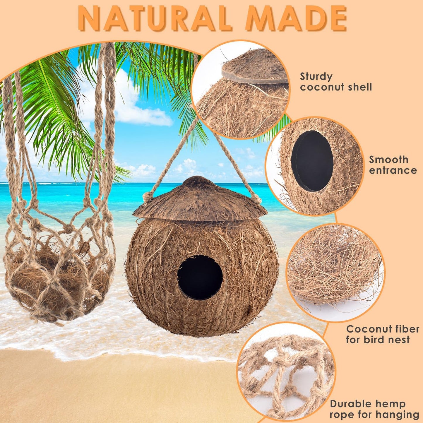 KATUMO Hummingbird Houses, Natural Coconut Bird Houses for Outside Hanging Hummingbird Swinging Nest, with Coconut Fiber Bedding for Nesting Window Garden Outdoor Home, 3Pcs