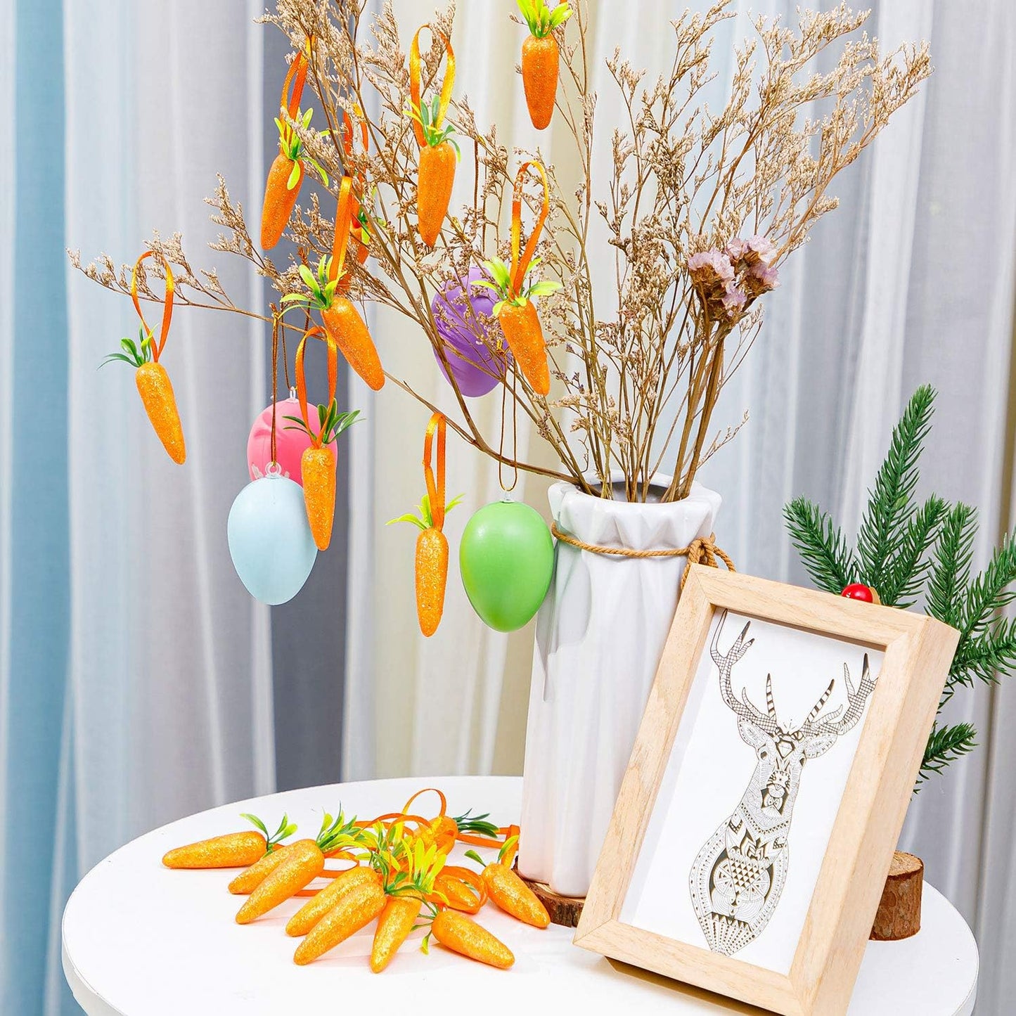 CLESDF Easter Carrot Hanging Ornaments - 12Pcs Premium Foam Glitter Artificial Carrots for Easter Decoration