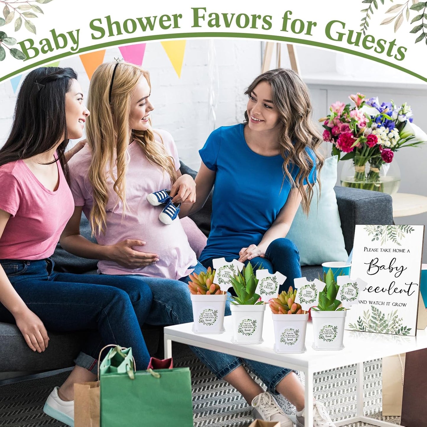 Zhehao 151 Pcs Baby Shower Succulents Favors for Guests Include 1 Safari Greenery Baby Shower Sign 50 Succulent Tags 50 Succulent Pots Planter 50 Stickers for Gender Reveal Gift(Potted Plant Style)