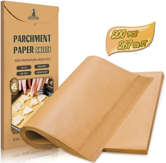 200 Pcs Parchment Paper Sheets, 12 x 16 Inch, Precut Non-Stick Parchment Sheets for Baking, Cooking, Grilling, Air Fryer and Steaming - Unbleached, Fit for Half Sheet Pans