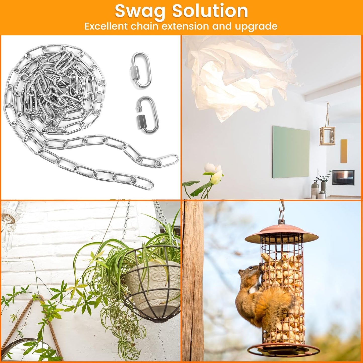 6 Feet Small Metal Chain with Hooks, 120 Pounds Light Weight Chain Link, 1/8 Inch Thin Adjustable Stainless Steel Chain for Bird Feeder, Plant, Fruit Basket Decorative Hanging, Silver