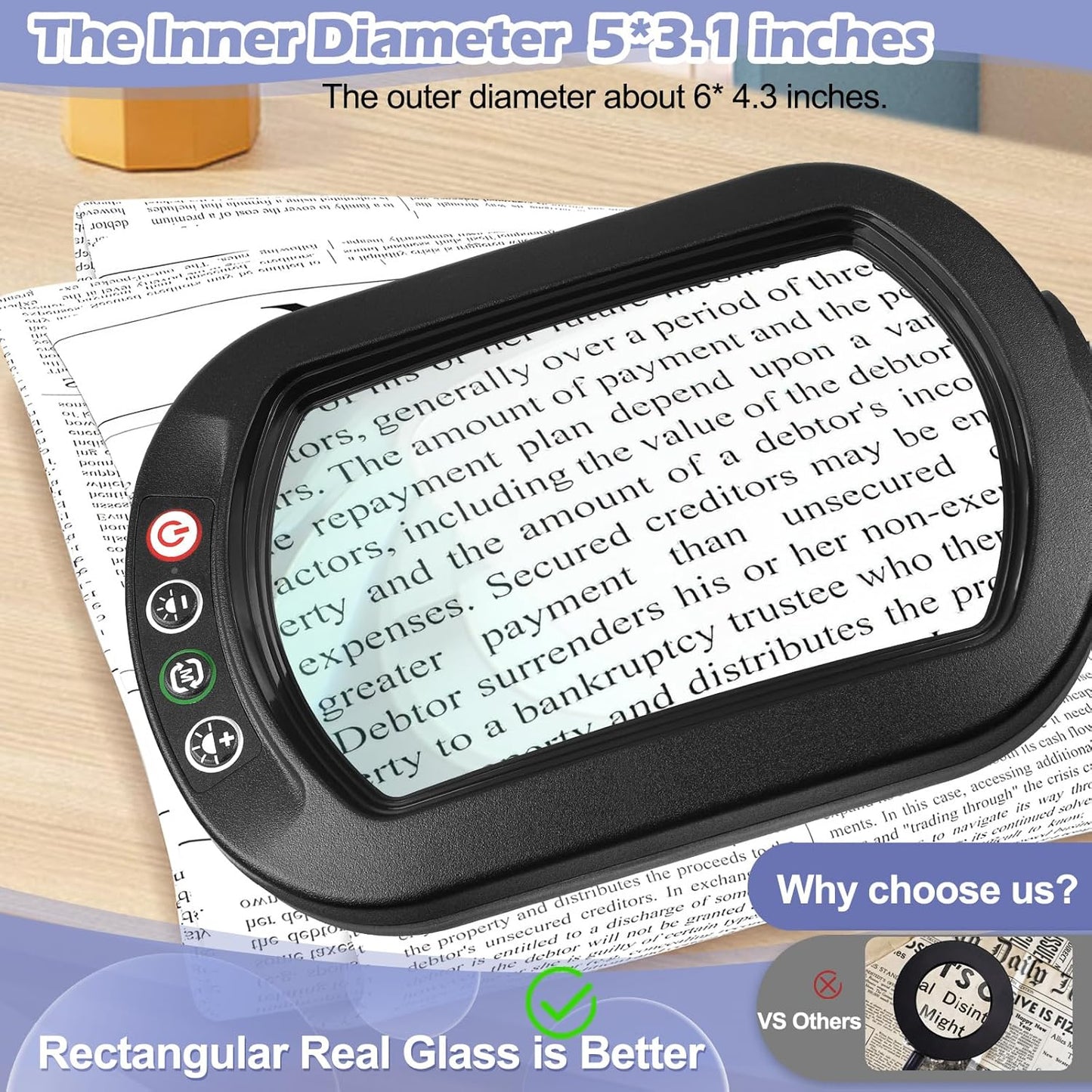Drdefi 10X Square Magnifying Glass with Light and Stand, Real Glass LED Lighted Magnifier, 5 Color Modes Stepless Dimmable, Hands-Free Mag Desk Lamp with Clamp for Reading Craft Hobby Close Work Black