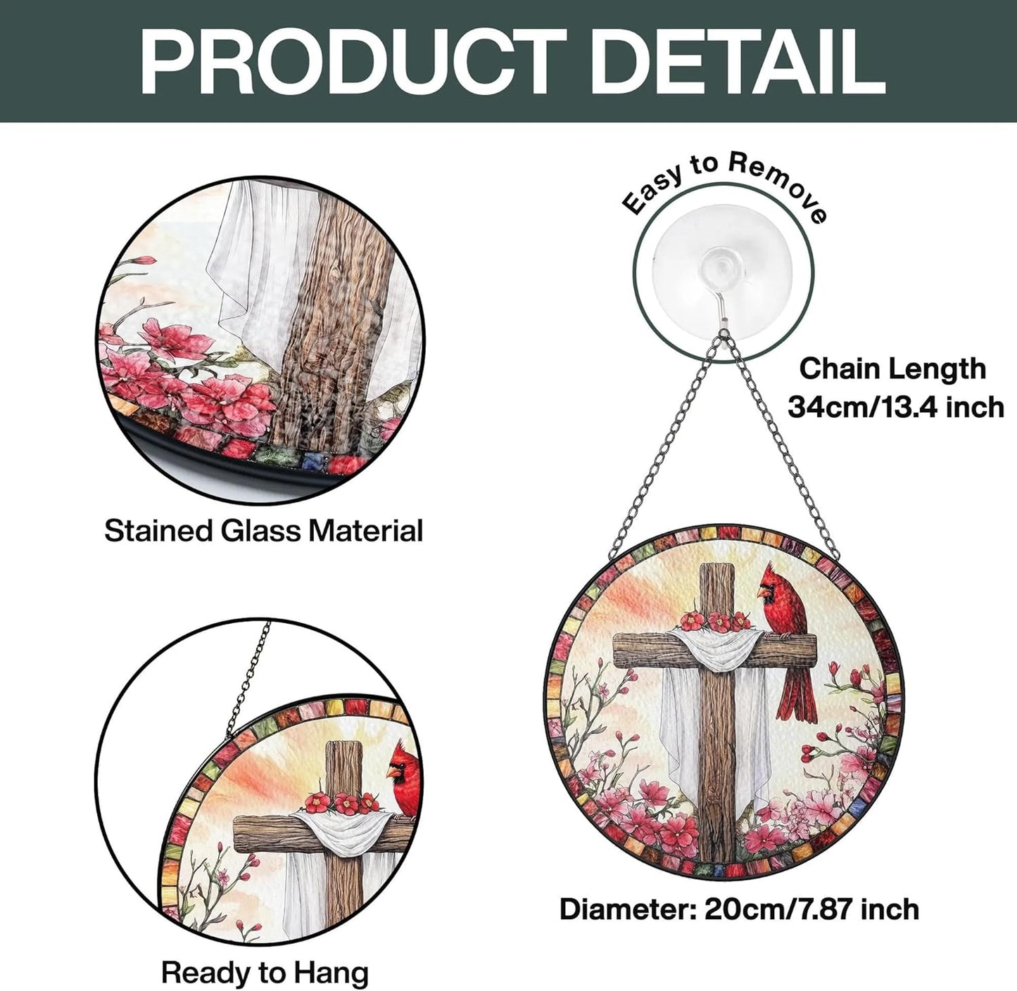 Red Cardinals Cross Suncatcher Stained Glass Window Hanging Christian Gifts for Women Faith Home Decorations Jesus Gifts for Women of God Christmas Mothers Day Religious Catholic Religion Bible Gift