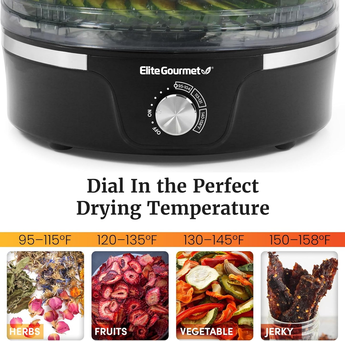 Elite Gourmet EFD319 Food Dehydrator, 5 BPA-Free 11.4" Trays Adjustable Temperature Controls, Jerky, Herbs, Fruit, Veggies, Dried Snacks, Black