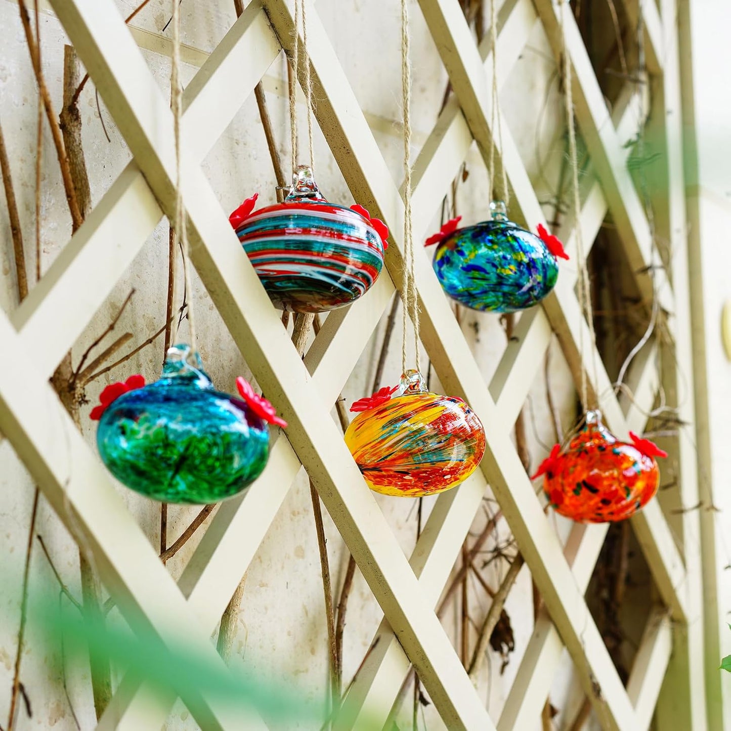 3inch Blown Glass Hummingbird Feeders for Outdoors Small Glass Hummingbird Feeders to Attract Hummingbirds Ant and Bee Resistant Round Feeder Unique Gifts for Woman - 2 Feeding Ports