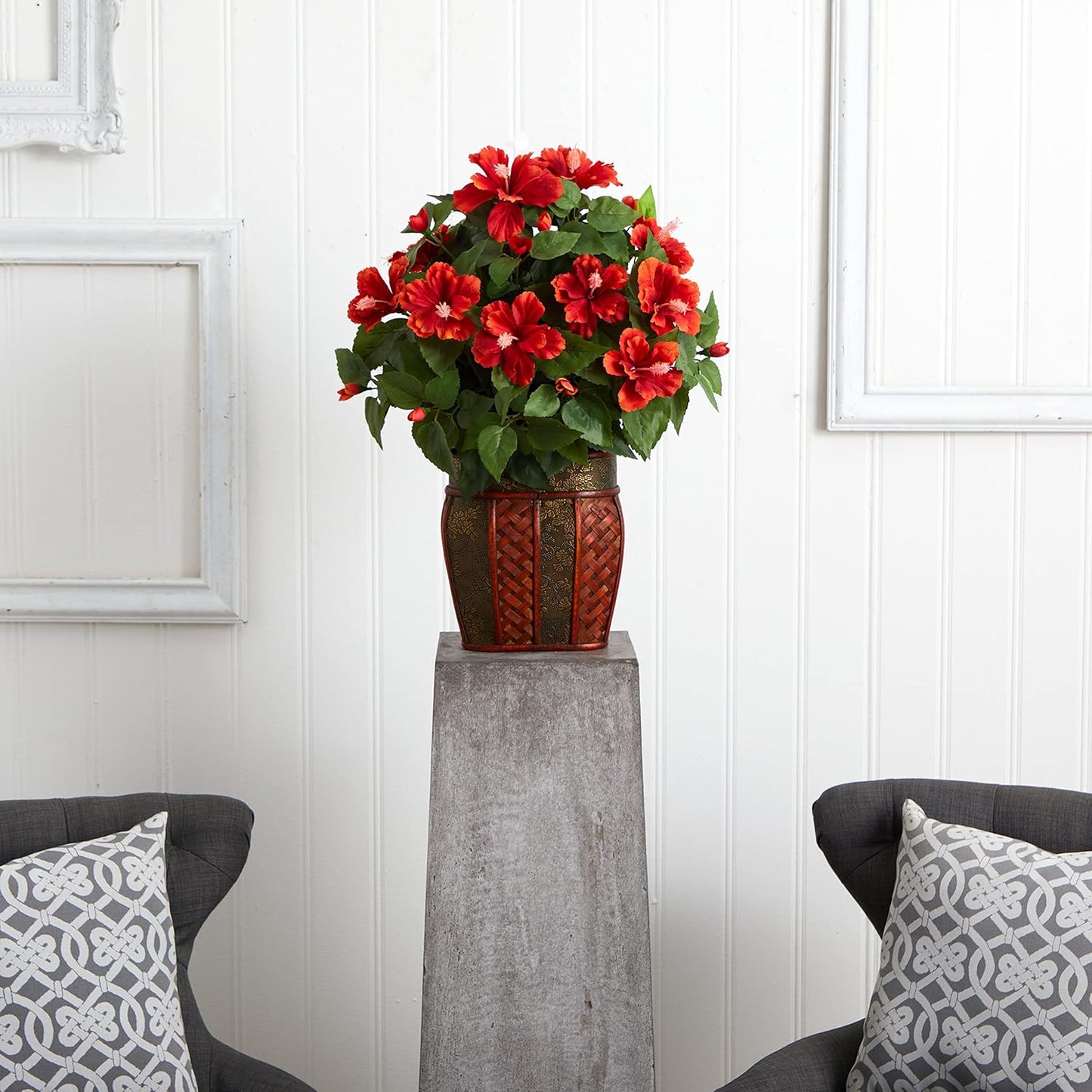 Nearly Natural 6667 Hibiscus with Vase Decorative Silk Plant, Red 24" x 24" x 19"