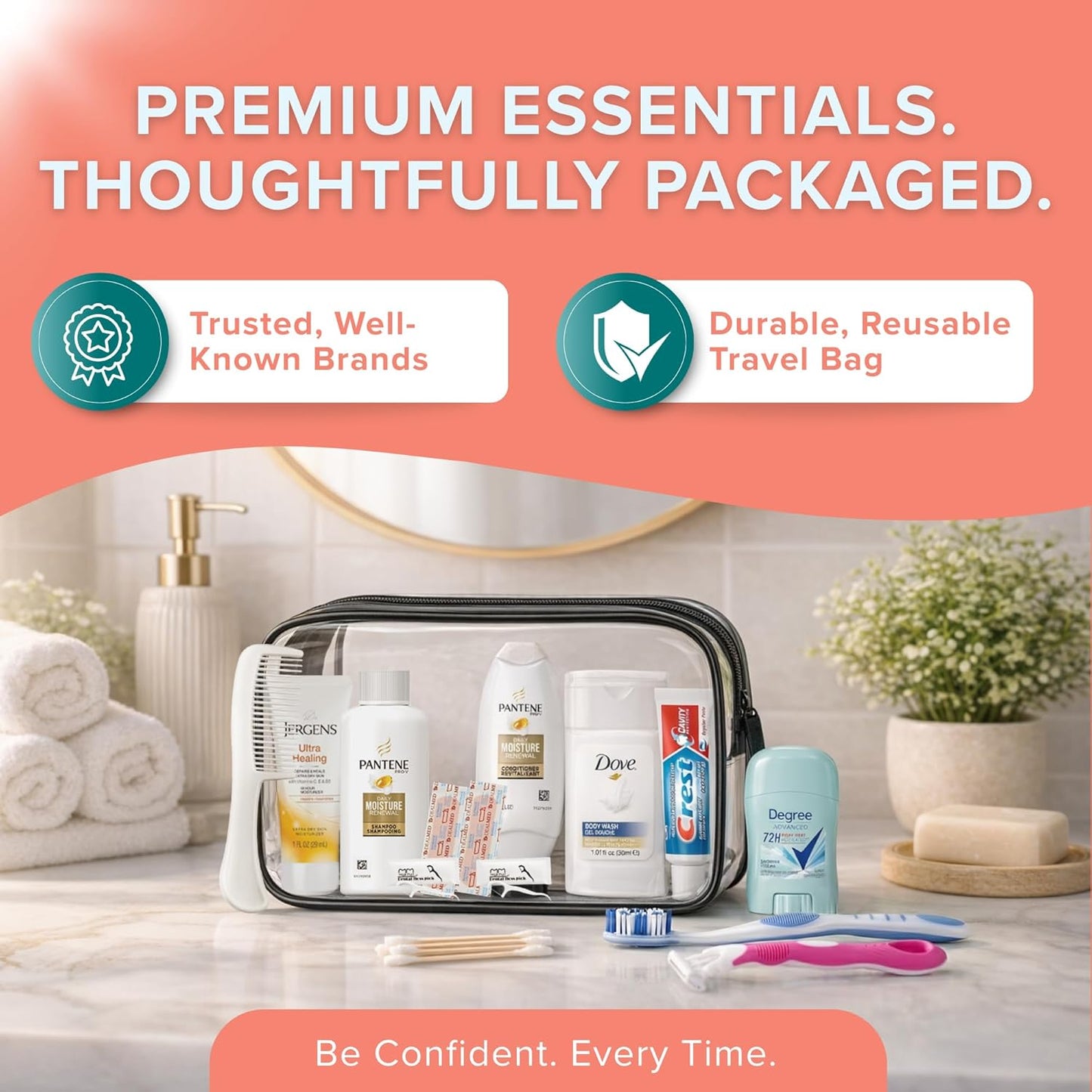 TrekTote 15 Piece Set Women’s Travel & Hygiene Kit with Clear Toiletry