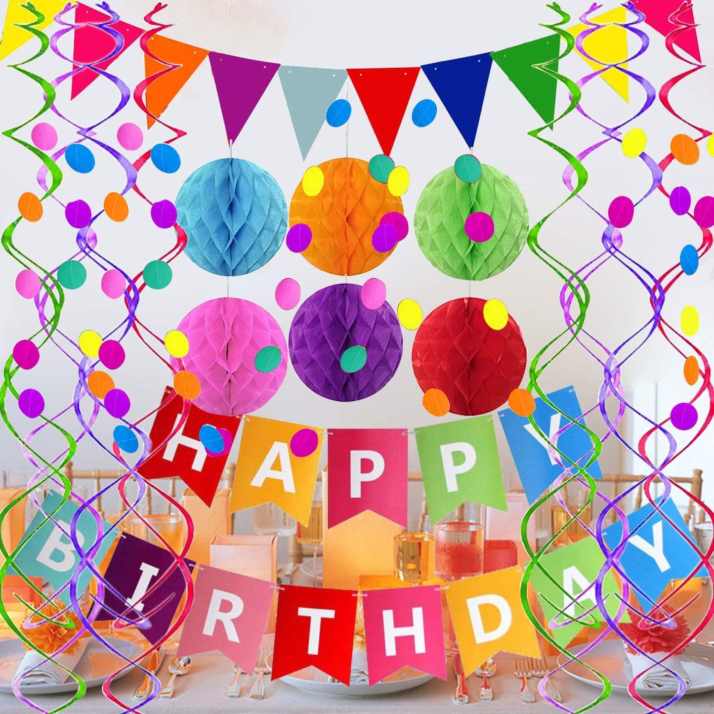 Fecedy Happy Birthday Banner With Colorful Paper Flag Bunting Paper Circle Confetti Garland Swirl Streamers Honeycomb ball for Birthday Party Decorations