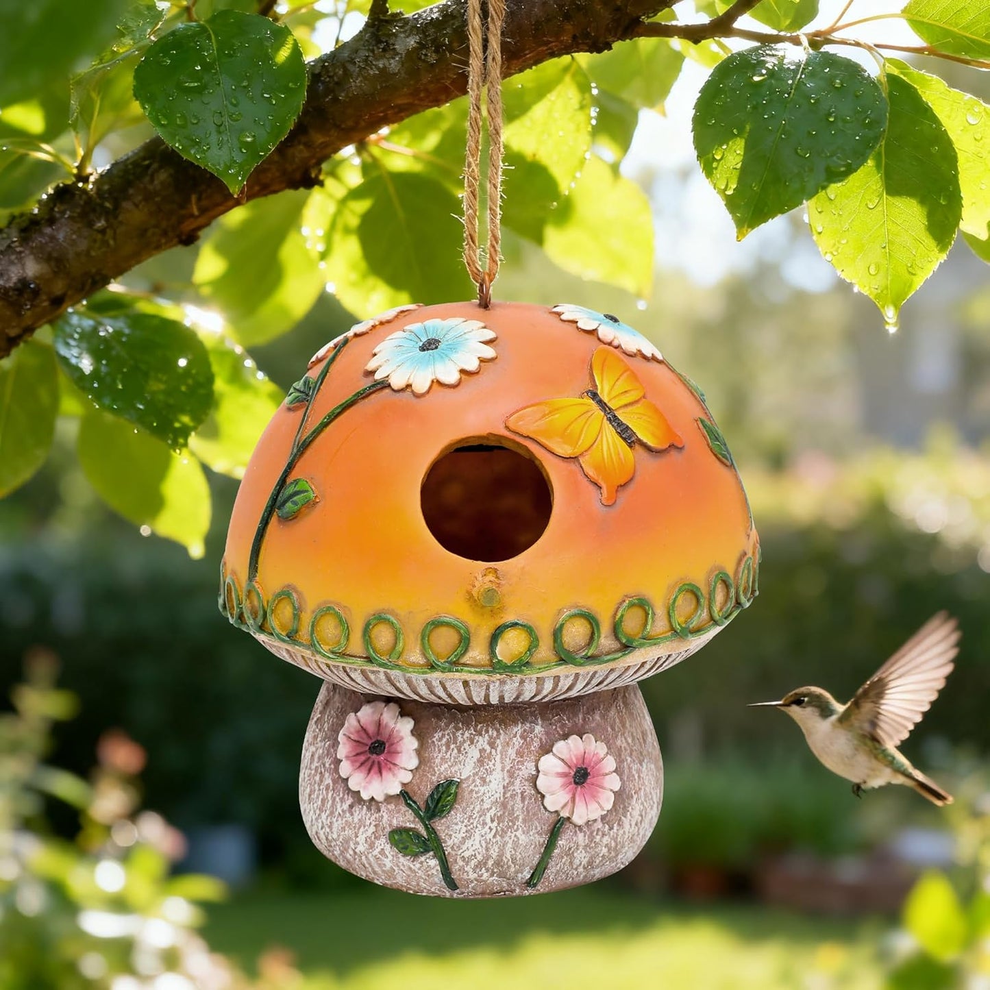 Solar Birdhouse for Outdoor Hanging, Mushroom Bird House with Lights Outside, Resin Garden Statue Decorative Nesting Box for Chick Blue Bird Hummingbird Woman Gifts for Yard Patio
