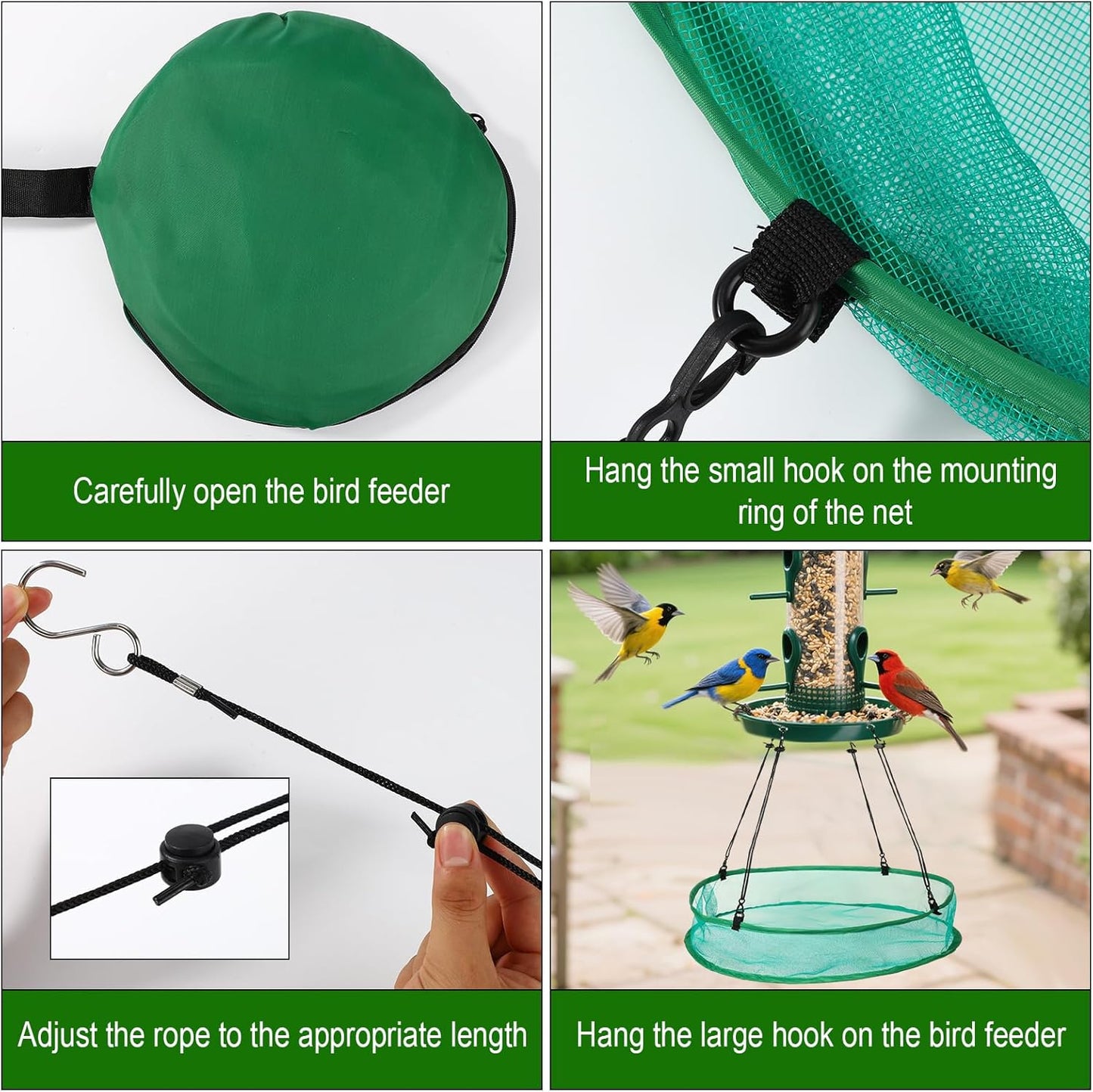 2pcs Bird Feeder Trays, 19.69in Diameter Durable Large Hanging Birdfeeder Mesh Tray with 8 Hanging Ropes and 4 Storage Bags for Outdoor Yard Garden Backyard Attracting Birds(Green)