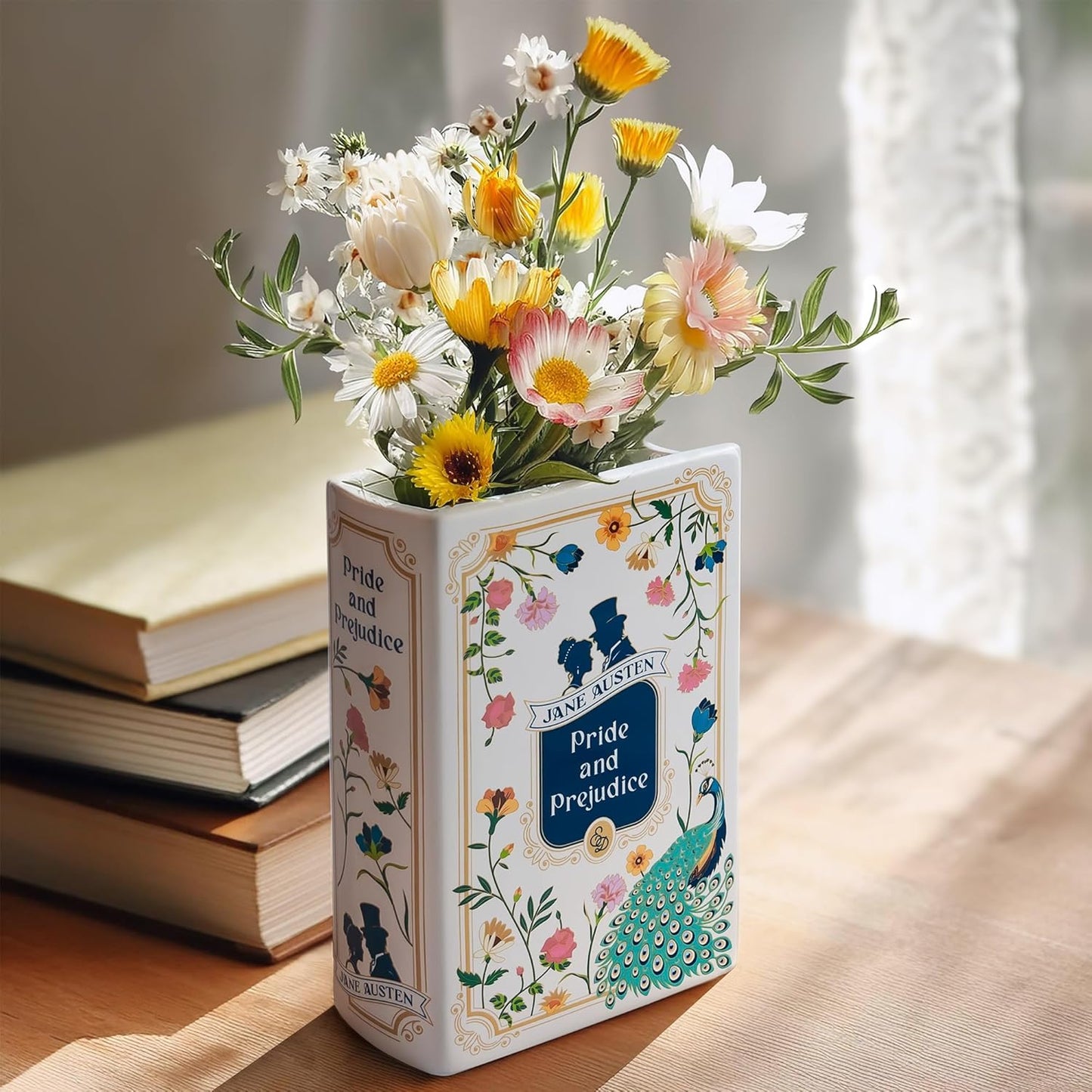H&H Pride and Prejudice Book Vase for Flowers + Bookmark - Large Ceramic Book Planter Pot - Jane Austen Bookish Decor - Pride and Prejudice Gifts - Bookshelf Vase for Flowers - 2025 Edition
