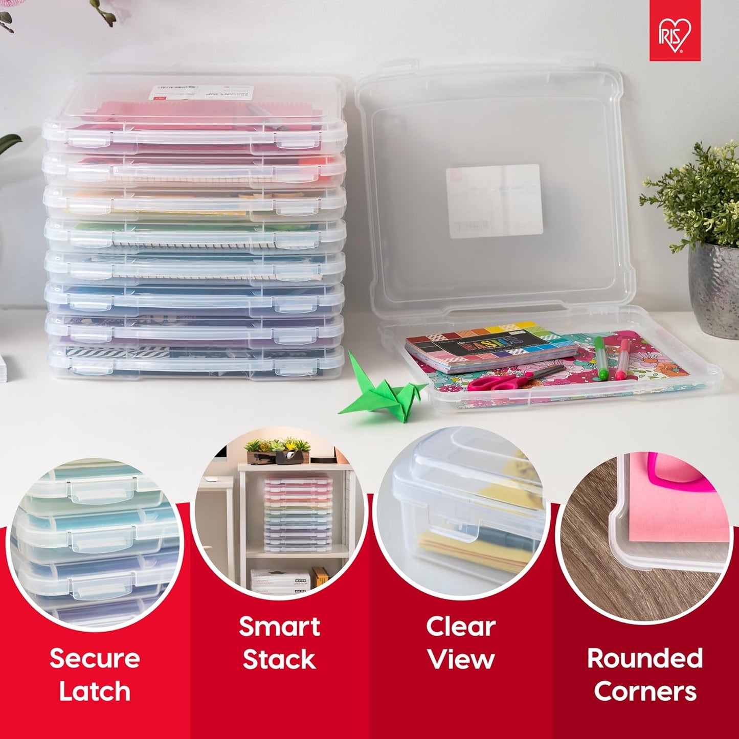 IRIS USA Board Game Storage Craft Organizer Box with Snap-Tight Latch Lid, 10-Pack Portable Plastic Case Bin for Puzzles, Magazines, Hobbies, Art Supplies, Fits 8.5" x 11" & A4 Papers, Slim, Clear