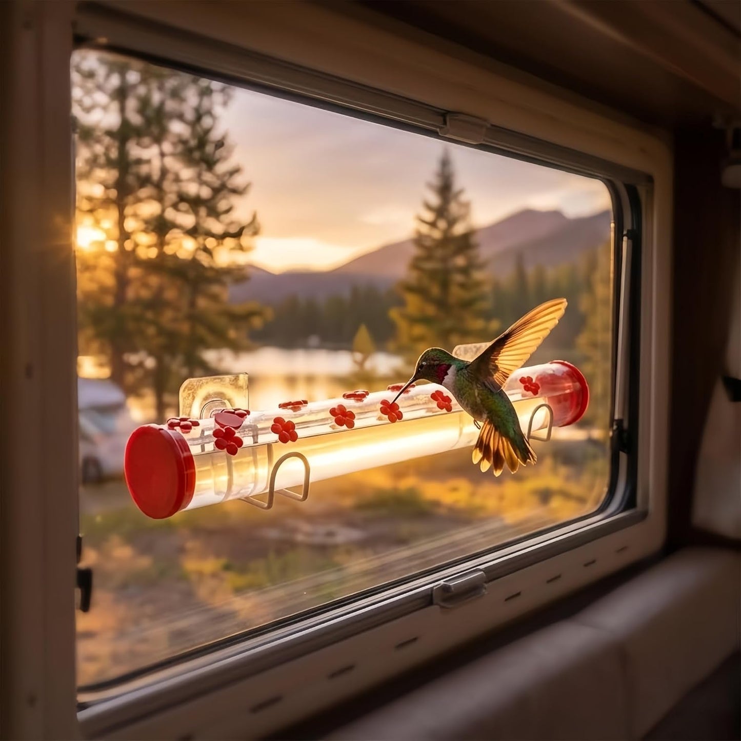 Window Hummingbird Feeder Clear Acrylic Tube with Flower Feeding Ports Multiple Hole Removable Suction Cup Mount for Wild Bird