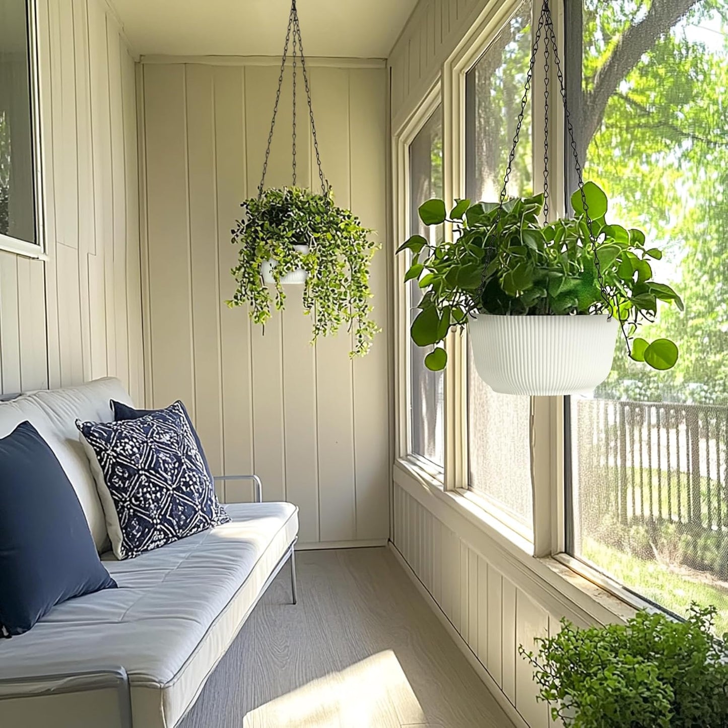 T4U 10 Inch Hanging Planters for Indoor Plants, 2 Pack White Self Wate