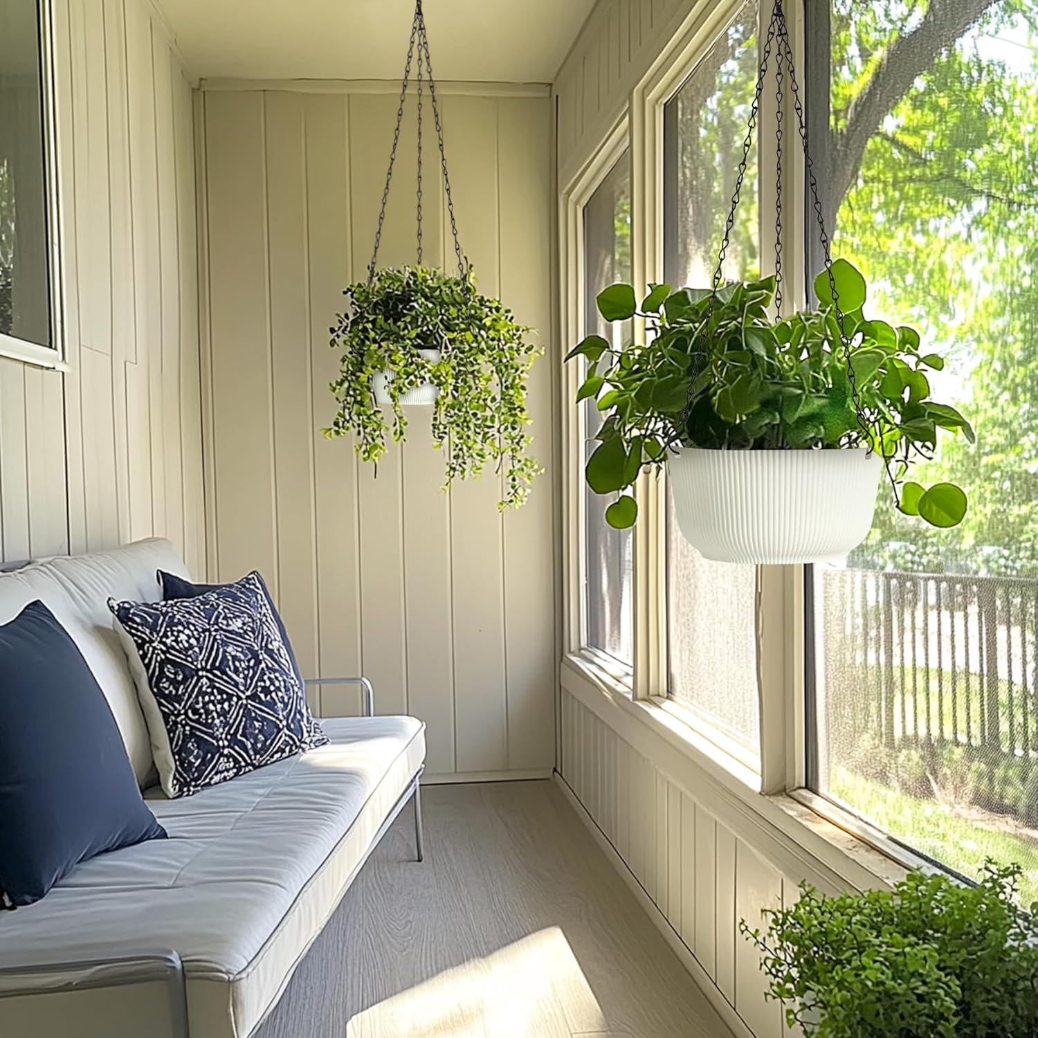T4U 10 Inch Hanging Planters for Indoor Plants, 2 Pack White Self Wate