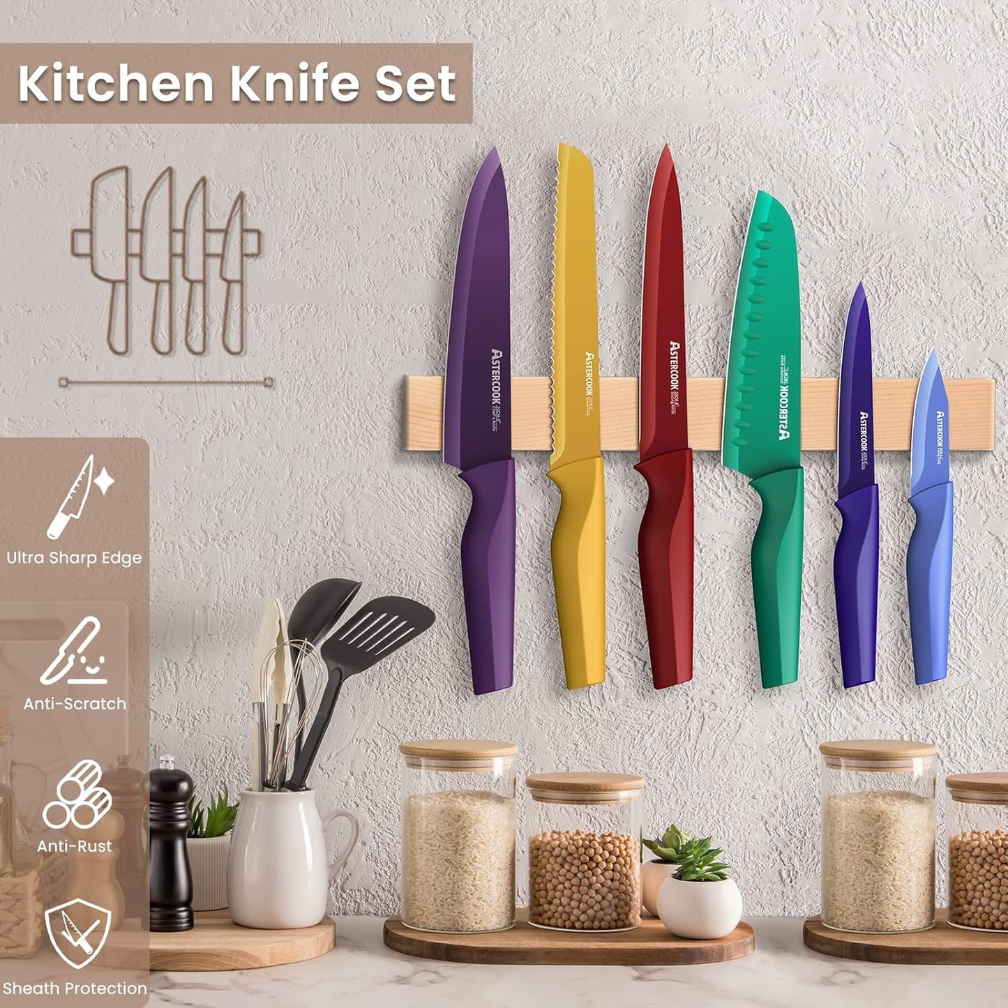 Astercook Knife Set, 12 Pcs Color-Coded Kitchen Knives Set, 6 Color An