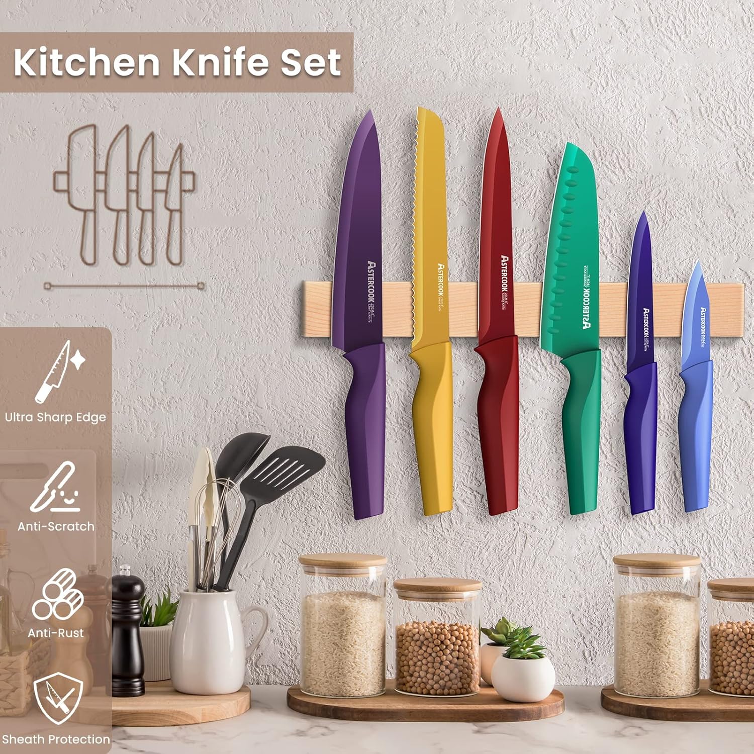 Astercook Knife Set, 12 Pcs Color-Coded Kitchen Knives Set, 6 Color An