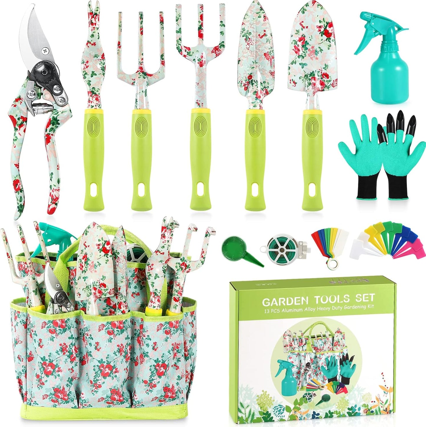 Gardening Tool Set - 13 PCS Heavy Duty Aluminum Gardening Tools Kit Fl