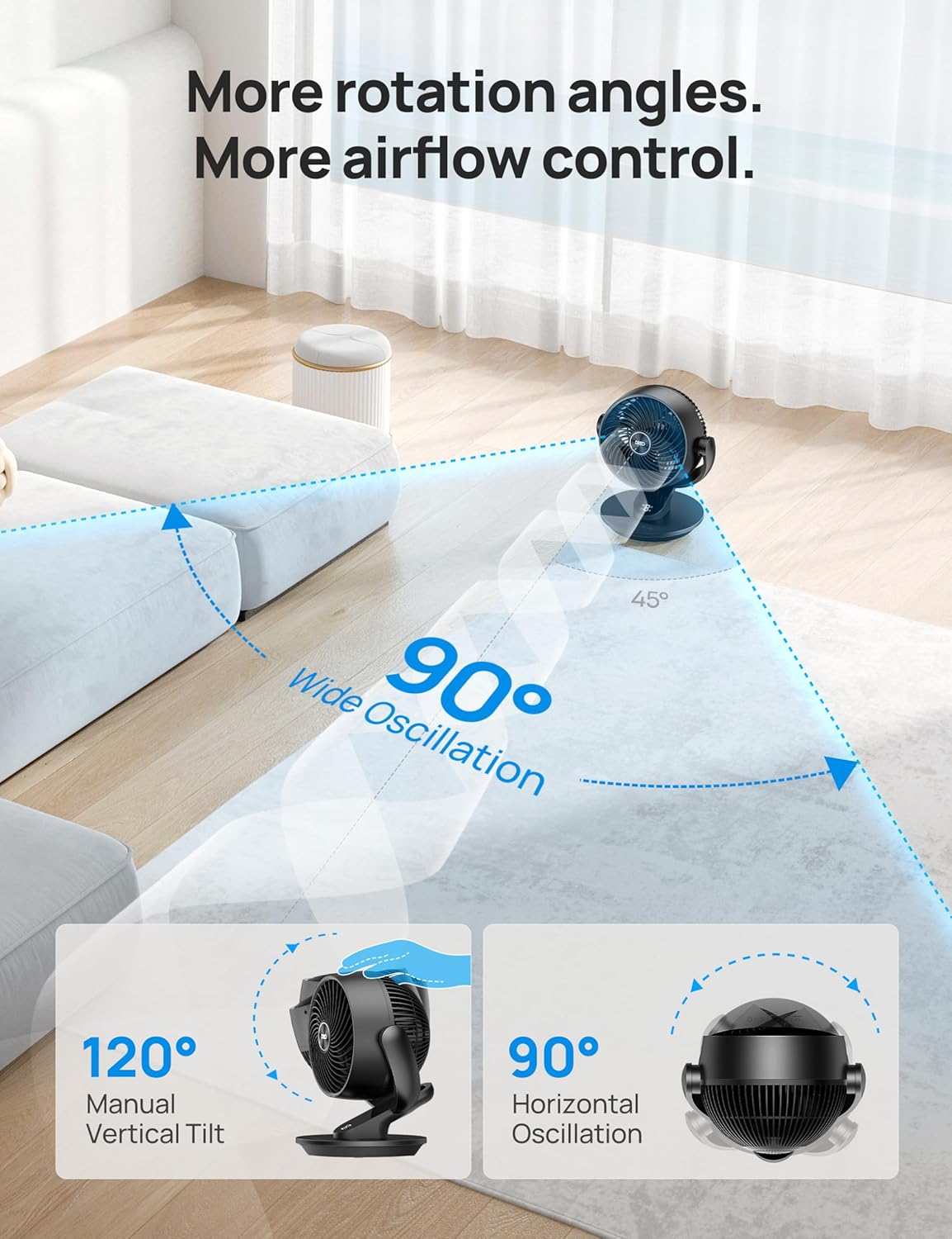 DREO Fan for Bedroom, 13-Inch Oscillating Table Air Circulator Fan for Whole Room, 120° Tilt Adjustment, 28dB Ultra-Quiet, 70ft Powerful Airflow, 4 Speeds Desk Fans with Remote for Home, Office