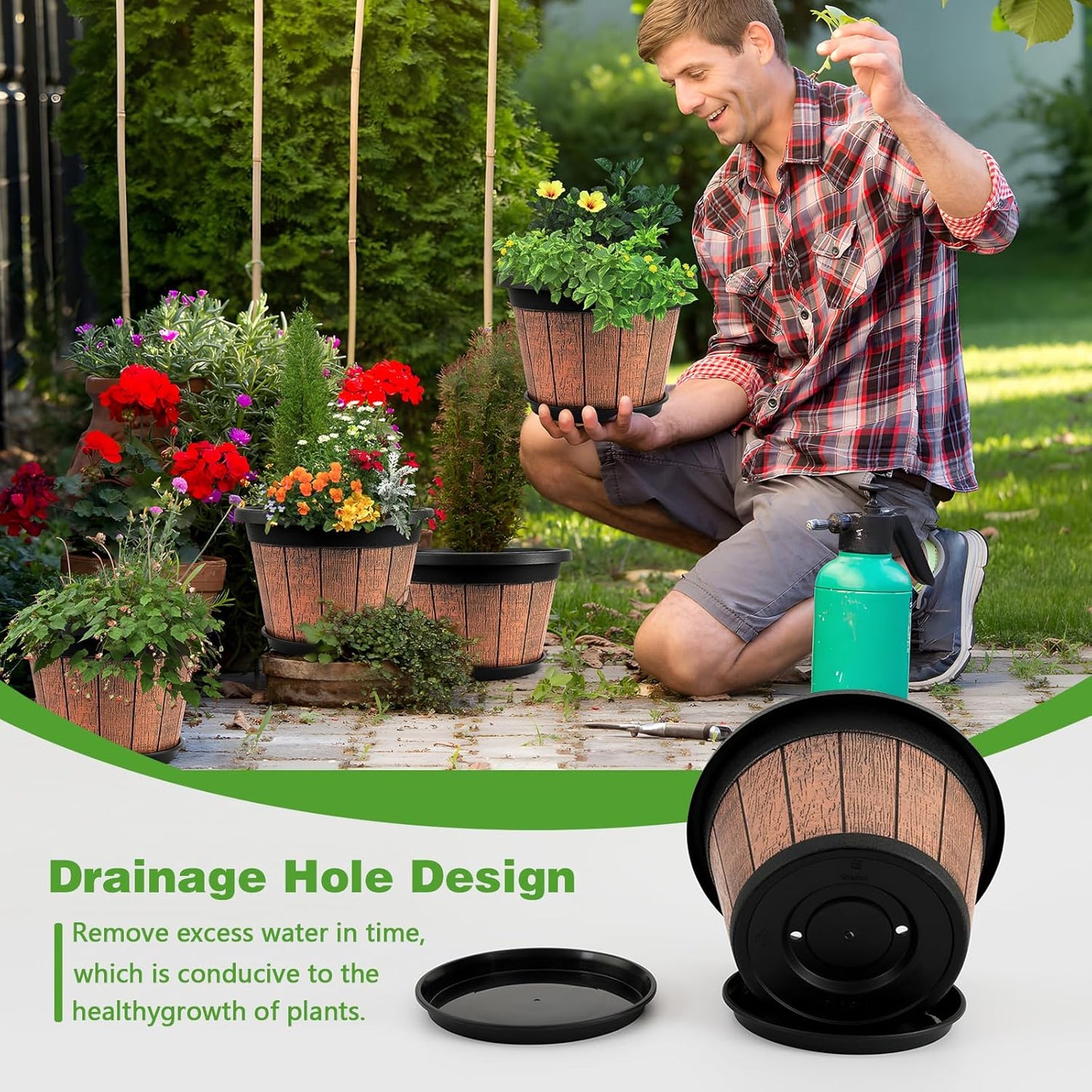 Quarut 4 Pack 10 inch Plant Pots,Upgrade Whiskey Barrel Planters with 