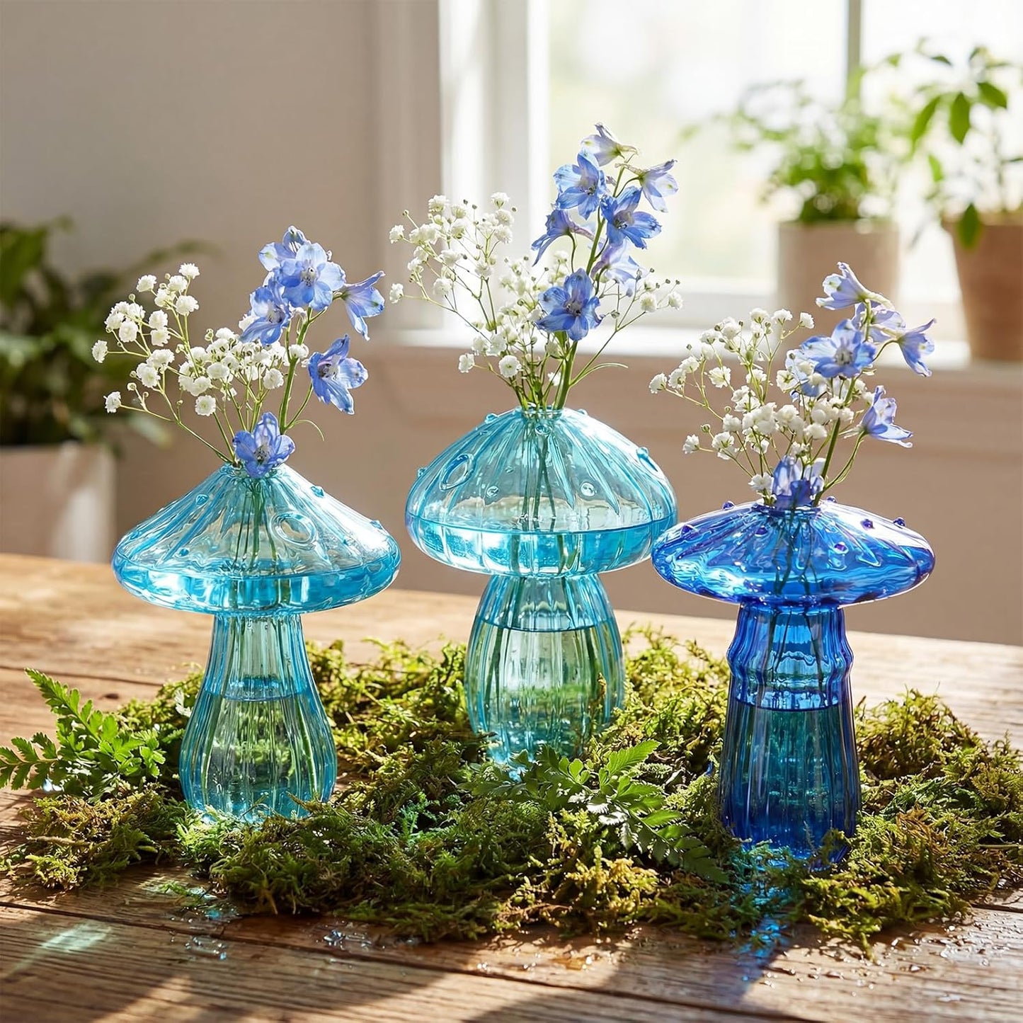 7 Pcs Mushroom Glass Propagation Vases 6 Colored Mini Cute Terrarium Plant Propagation Station Small Hydroponic Pots for Spring Easter Decor Flowers Decoration Gift Bedroom Kitchen (Blue)
