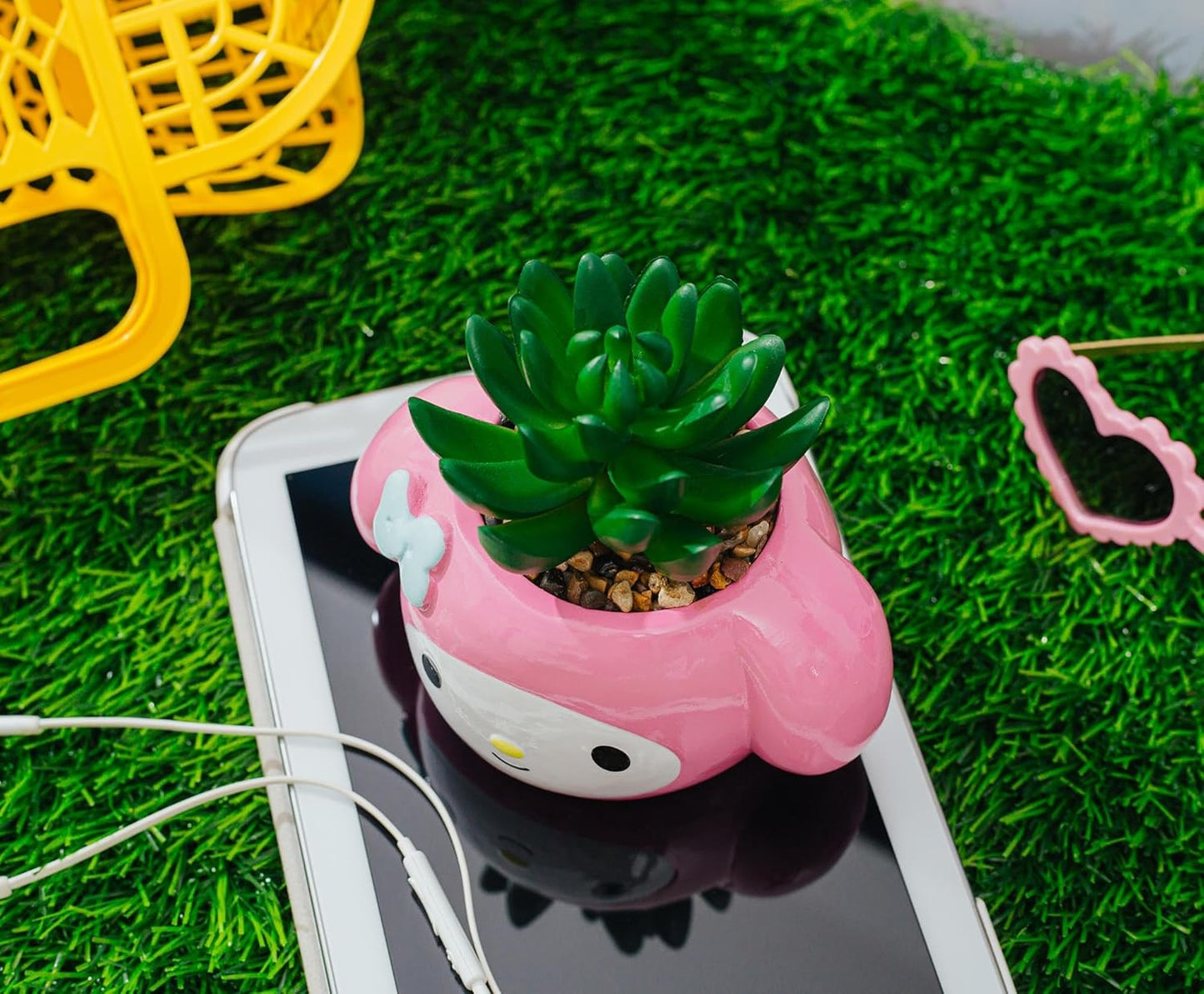 Toynk Sanrio My Melody 3-Inch Sculpted Ceramic Mini Planter with Artificial Succulent | Cute Flower Pot, Faux Indoor Plants
