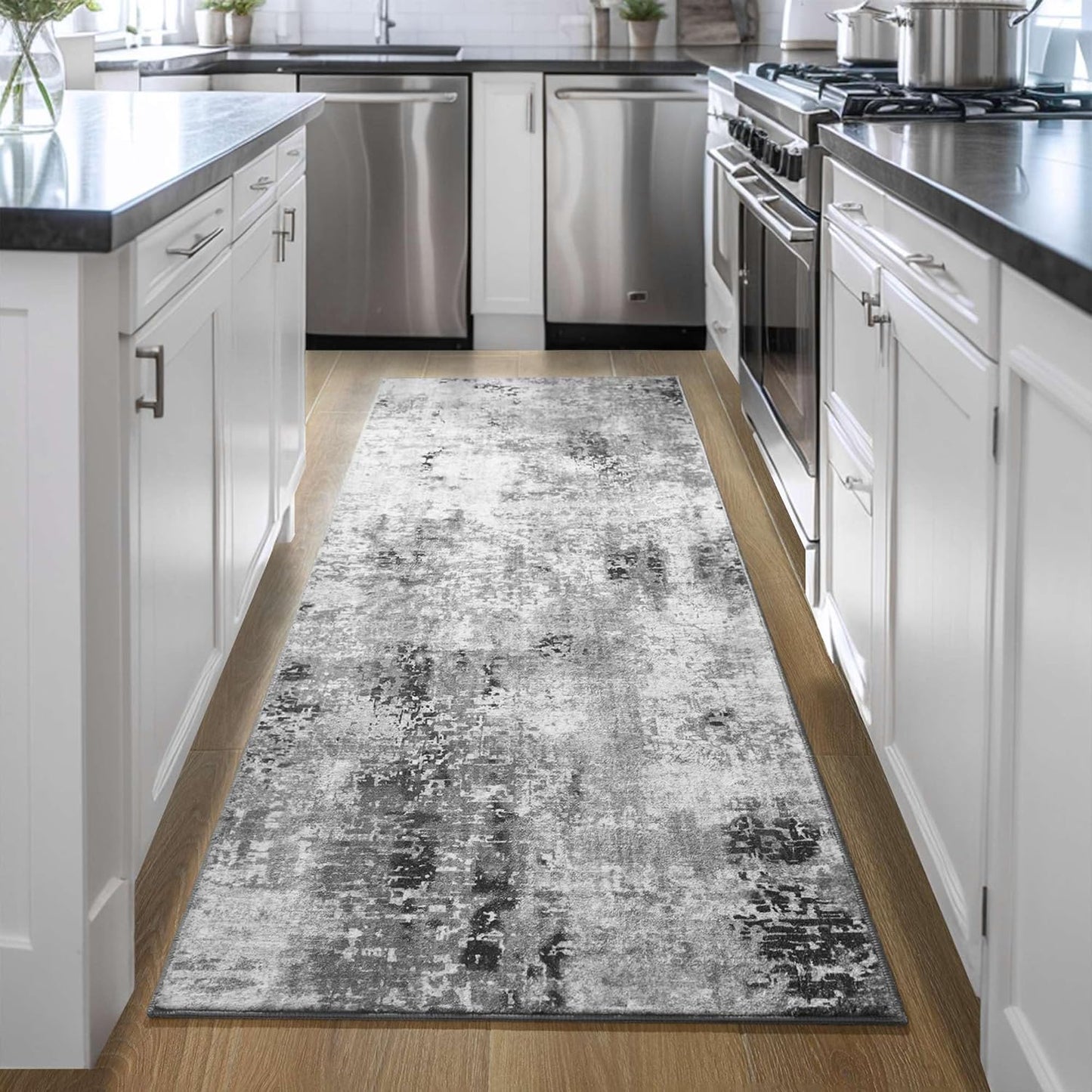 Ompaa Non Slip, Washable, Soft Abstract Long Carpet Runner Rug with Rubber Backing for Hallways, Kitchen, Bedroom, Bathroom, Entryway, Grey, 2x6 ft