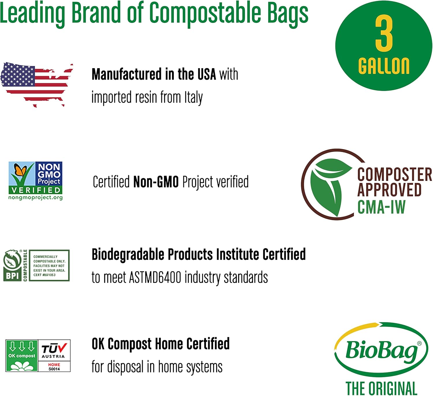 3 Gallon Compostable Food Scrap Bags by BioBag, 100 Count, BPI Certifi