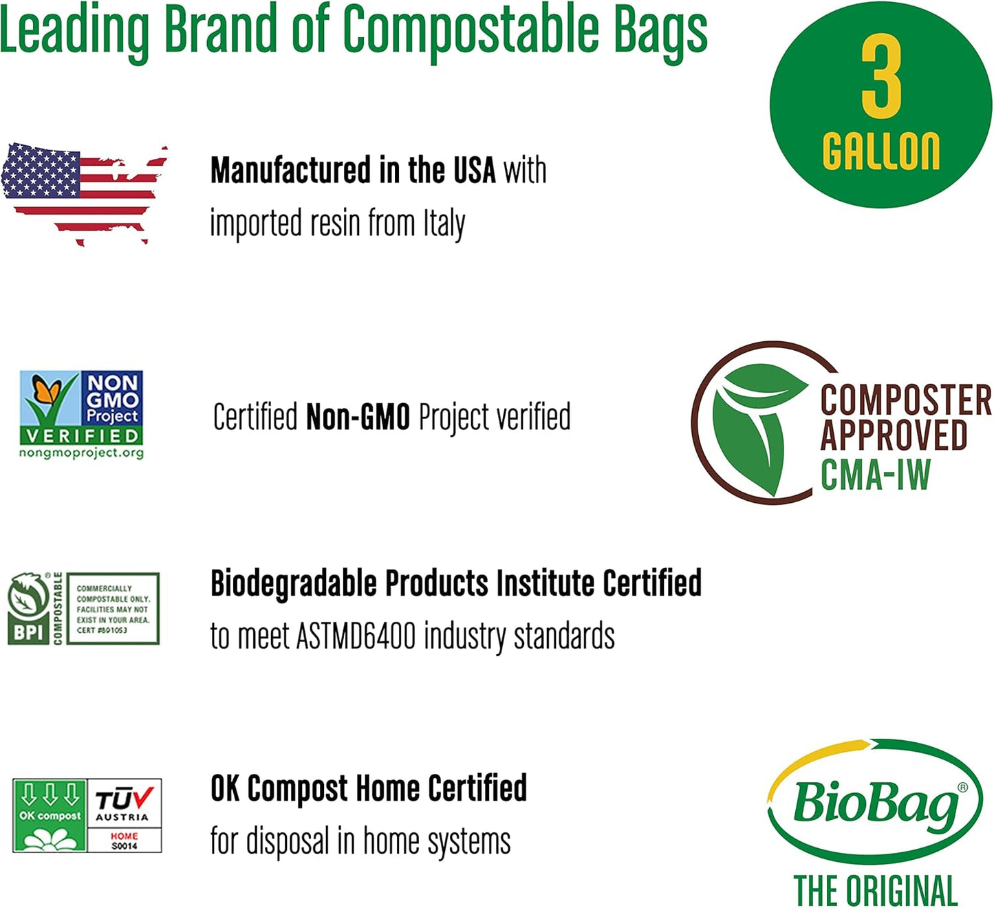 3 Gallon Compostable Food Scrap Bags by BioBag, 100 Count, BPI Certified, Meets ASTM D6400 Standards, Made in USA, Kitchen Trash Bin Liners